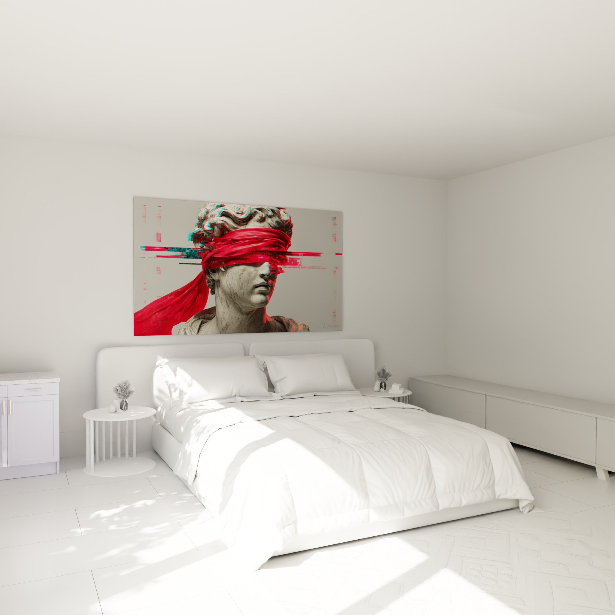 Sculpture marbrée aux teintes rouge et turquoise accrochée au-dessus d'un lit dans une chambre claire