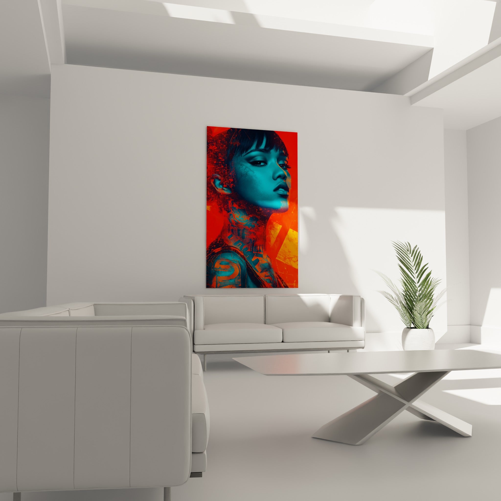Visage cyan tatoué du tableau Cyberpunk orangé, au-dessus d'un canapé dans un salon lumineux