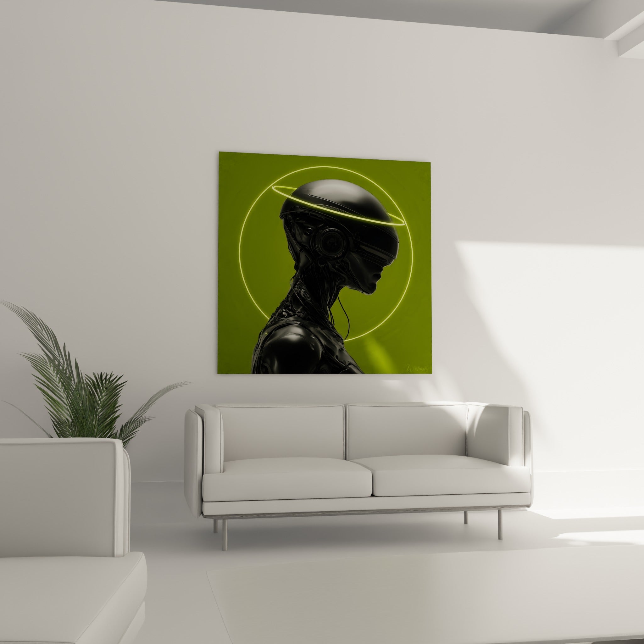 Tête d'androïde noire cerclée d'un halo vert citron, au-dessus d'un canapé dans un salon lumineux