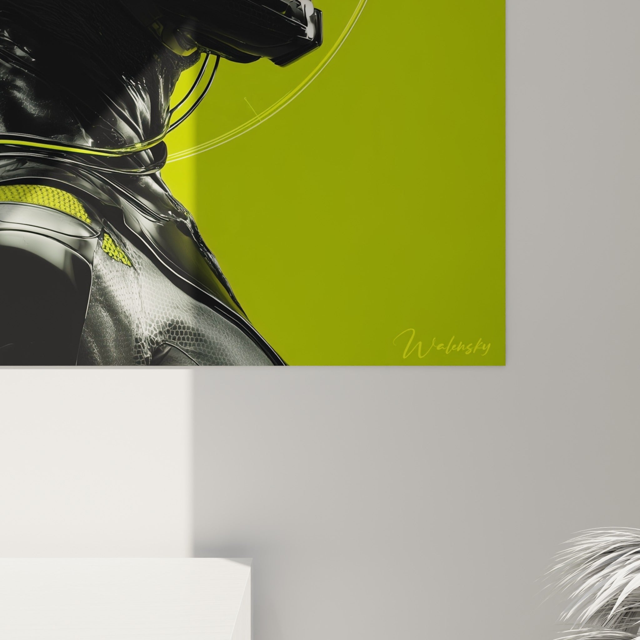 Reflets métalliques du casque Cyberpunk, grain noir laqué et touches vertes fluorescentes visibles de près