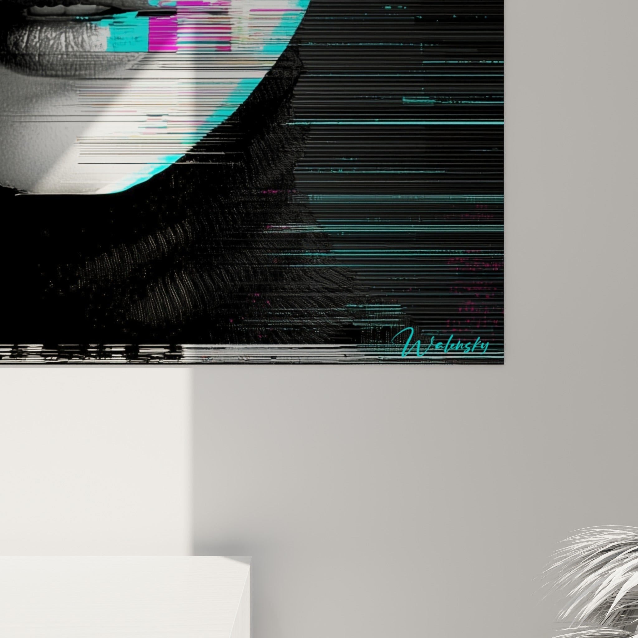 Détail du grain Cyberpunk montrant les lignes anthracite et les blocs magenta imprimés
