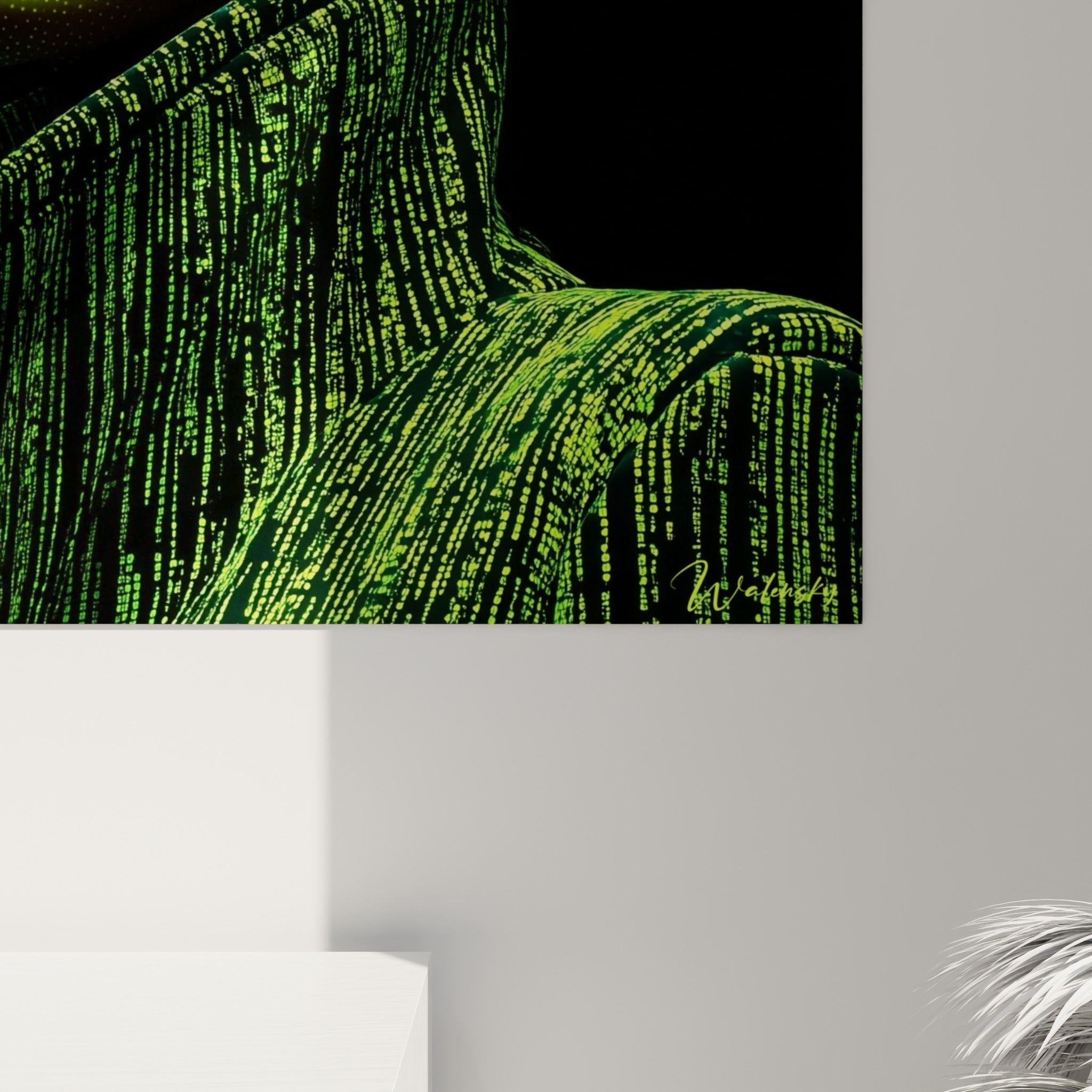 Grain phosphorescent vert et noir profond visible de près sur ce tableau Cyberpunk à la texture matricielle