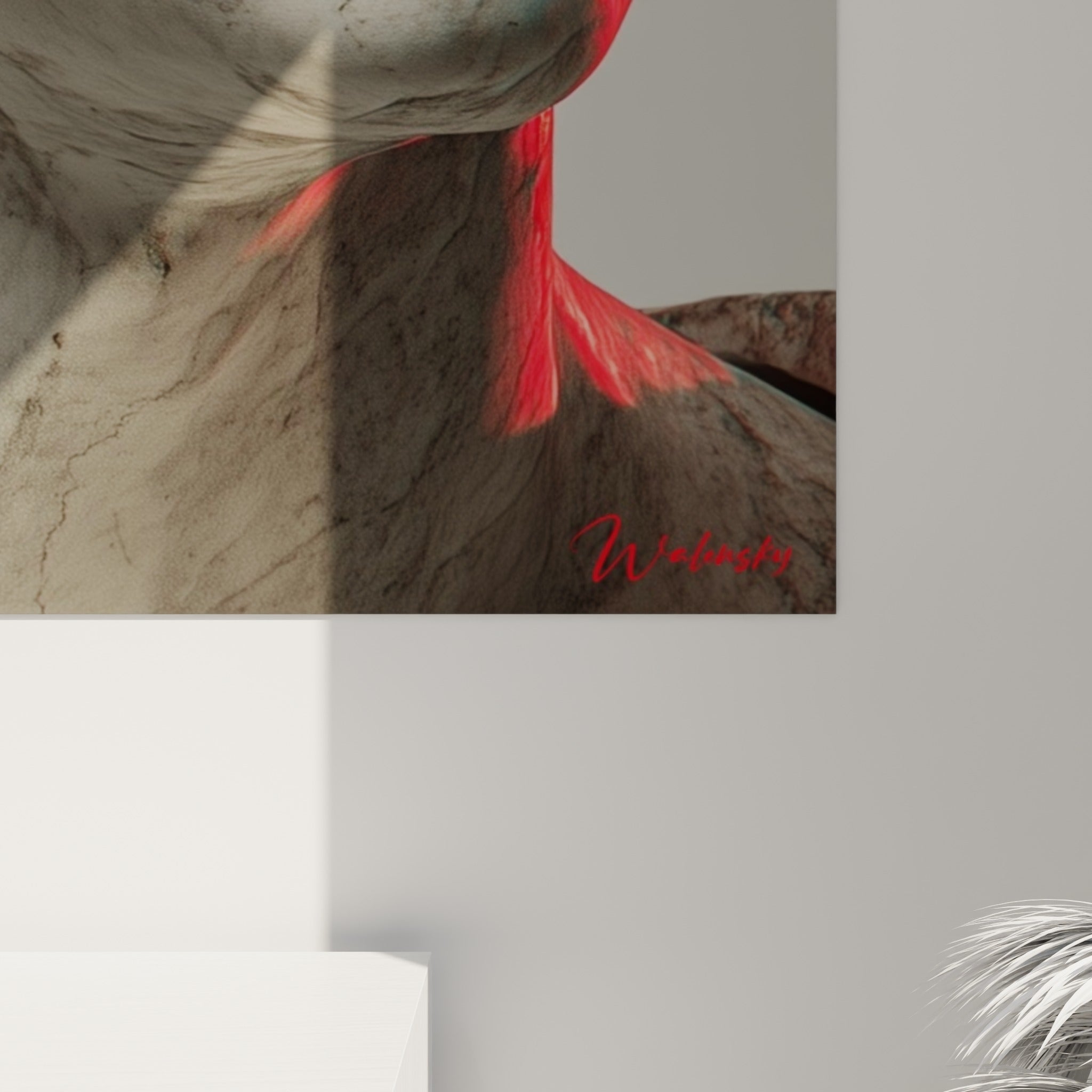 Grain du marbre gris et coulures rouges vibrantes visibles en détail sur l'impression du tableau Cyberpunk