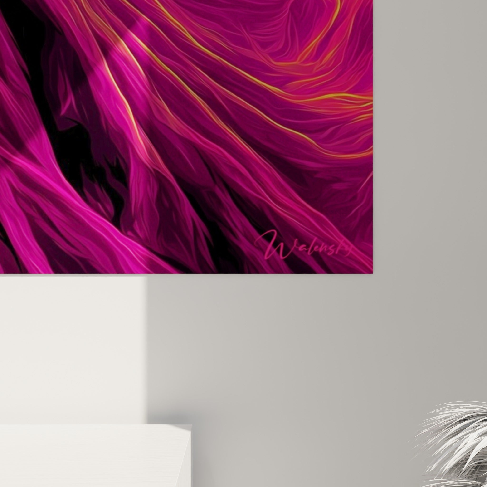 Détail des empâtements magenta et jaune citron sur le drapé texturé du tableau Cyberpunk accroché
