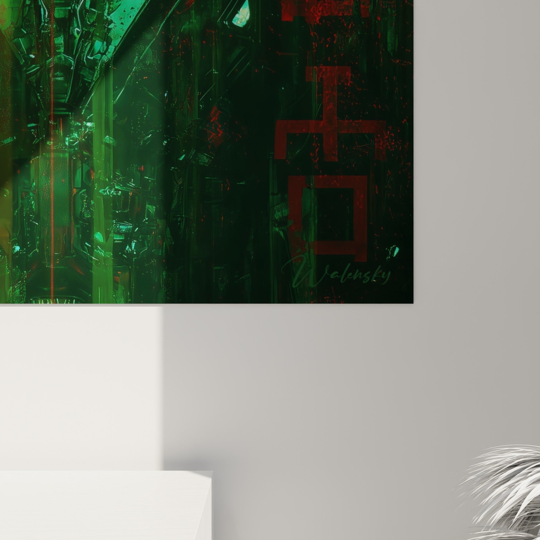 Détail rapproché des textures métalliques vert émeraude et rouille anthracite sur l'impression de la geisha Cyberpunk