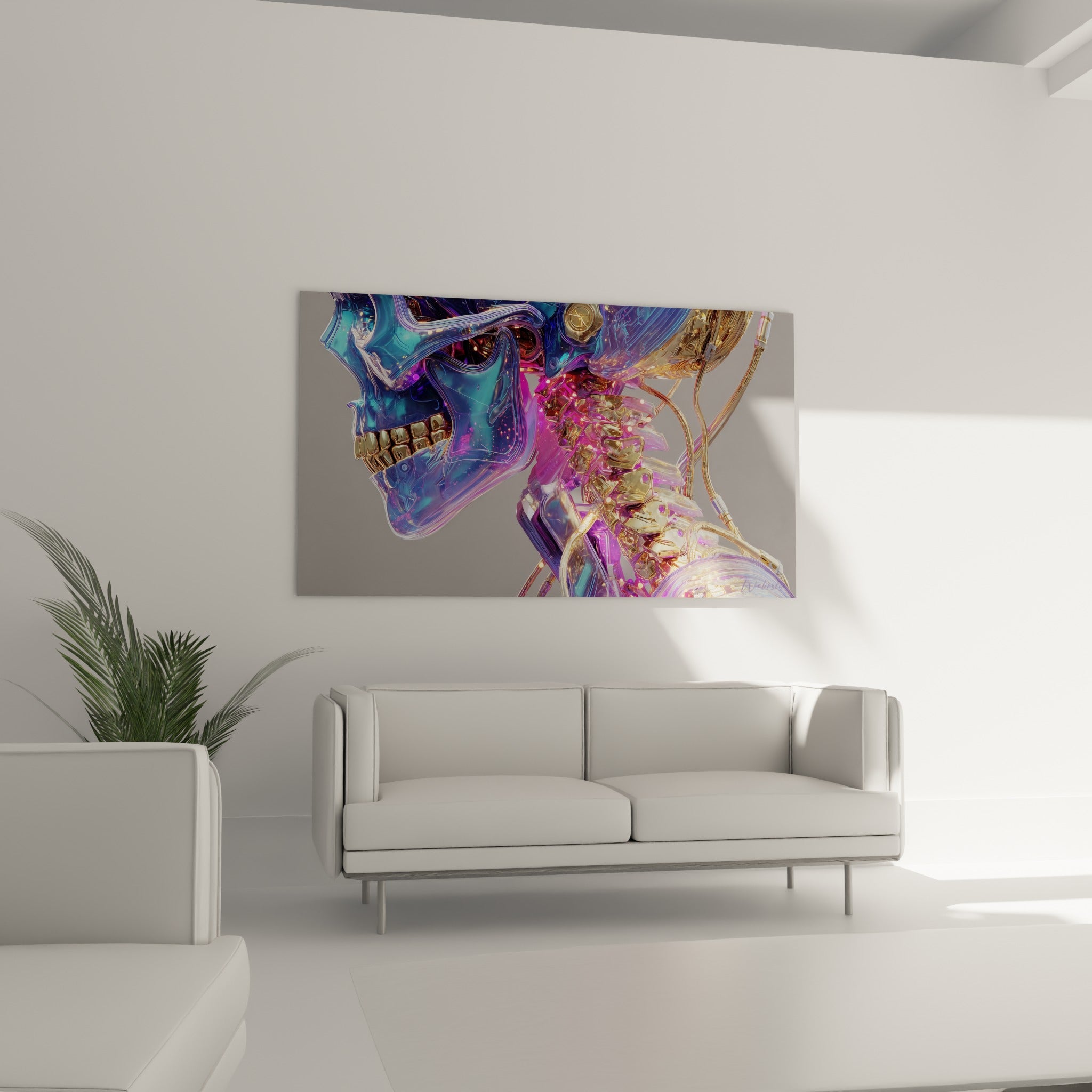 Vertèbres dorées illuminées et crâne bleu cristallin au-dessus d'un canapé dans un salon lumineux