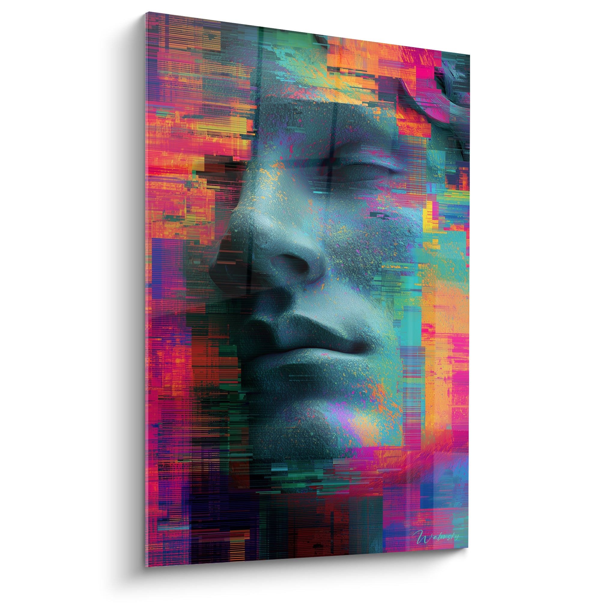 Visage anthracite aux paupières closes fragmenté de pixels magenta et orangé, effet glitch Cyberpunk