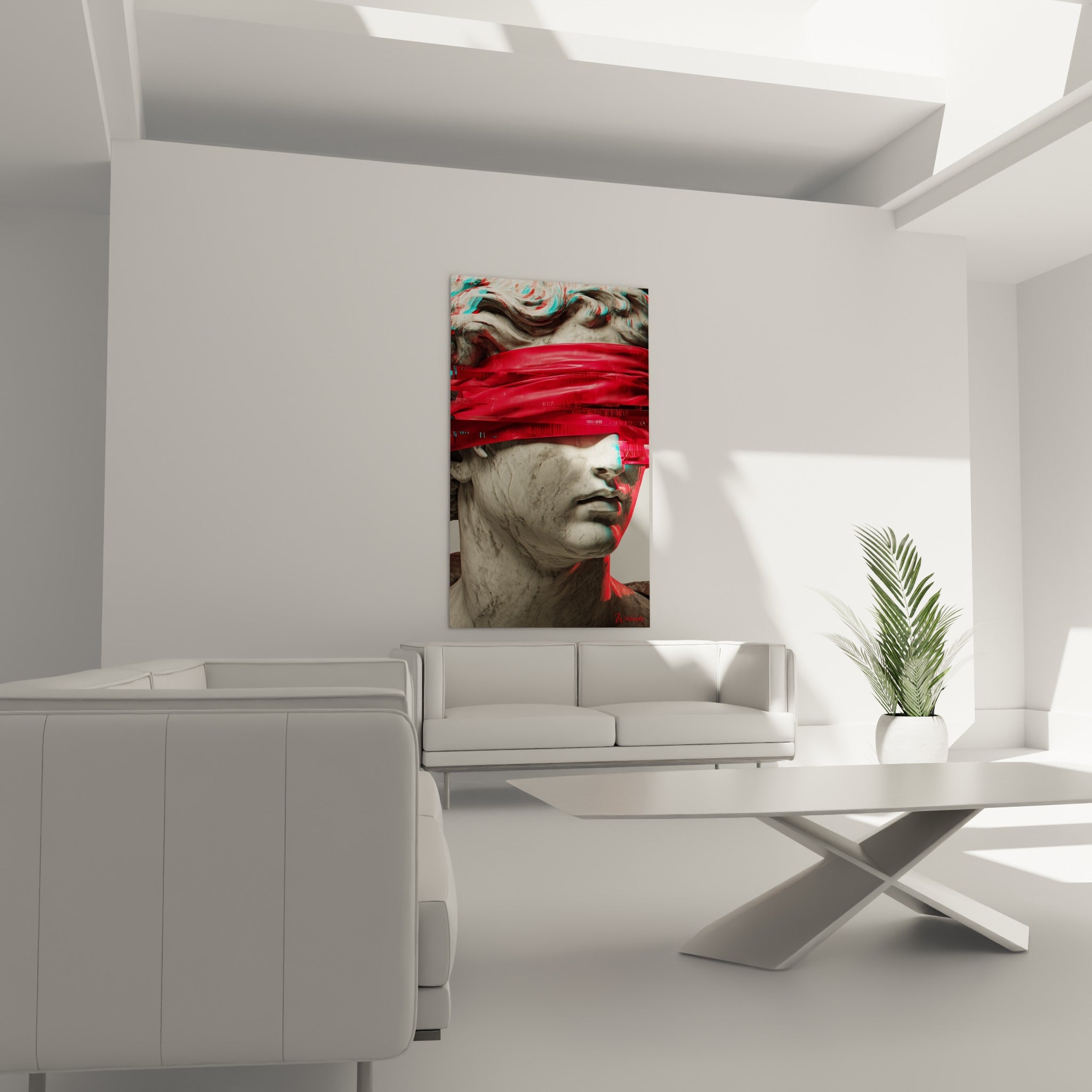 Statue classique aux traits gris marbré et bandeau rouge intense au-dessus d'un canapé dans un salon lumineux