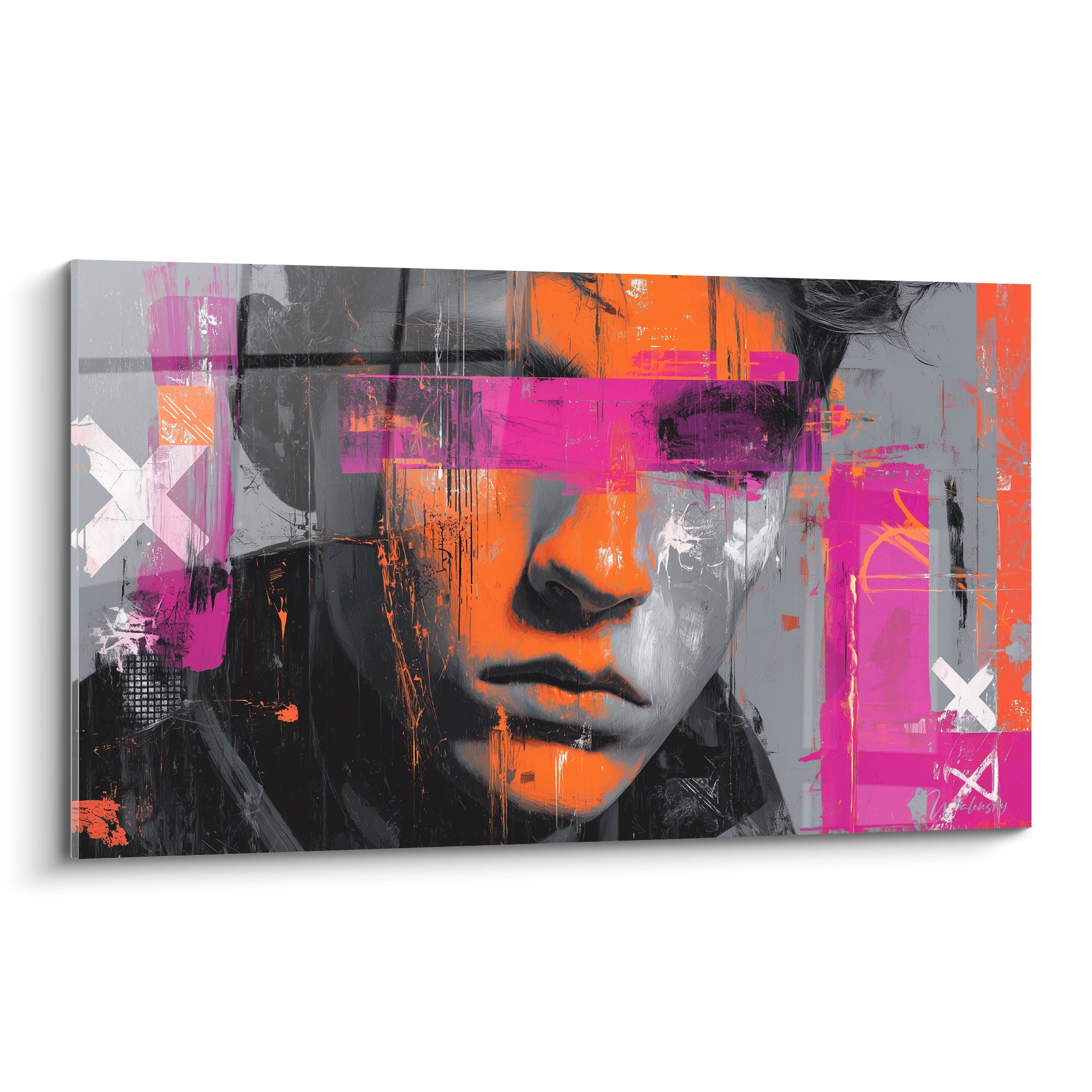 Visage masculin Cyberpunk aux bandeaux rose fuchsia et orange vif sur fond anthracite texturé