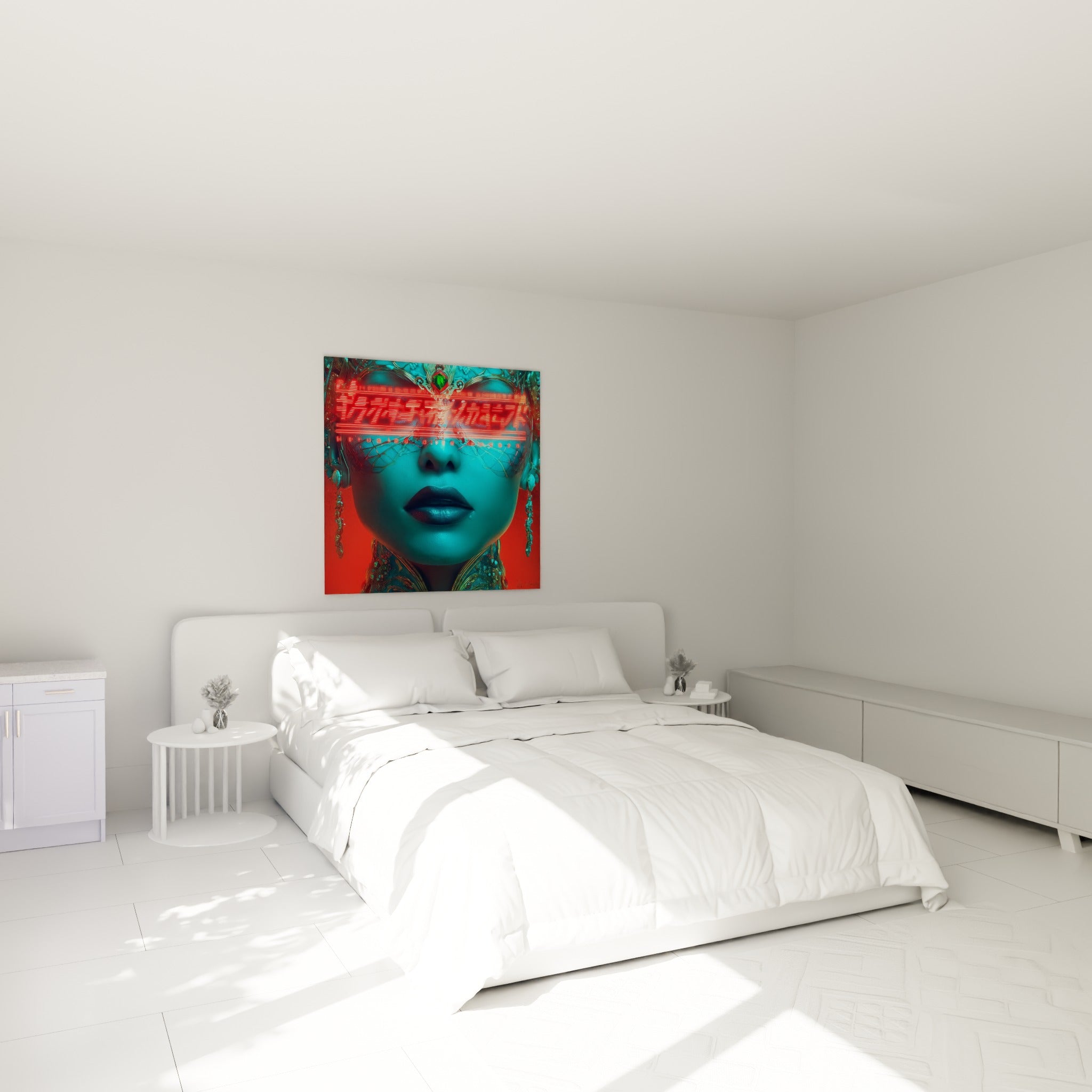 Visage bleu Cyberpunk aux inscriptions rouges néon, accroché au-dessus d'un lit dans une chambre claire