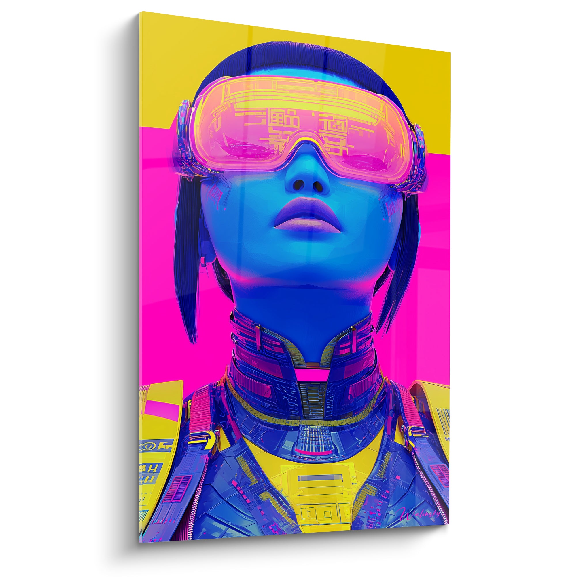 Femme au visage bleu marine porte une visière rose sur fond jaune et fuchsia, tableau Cyberpunk