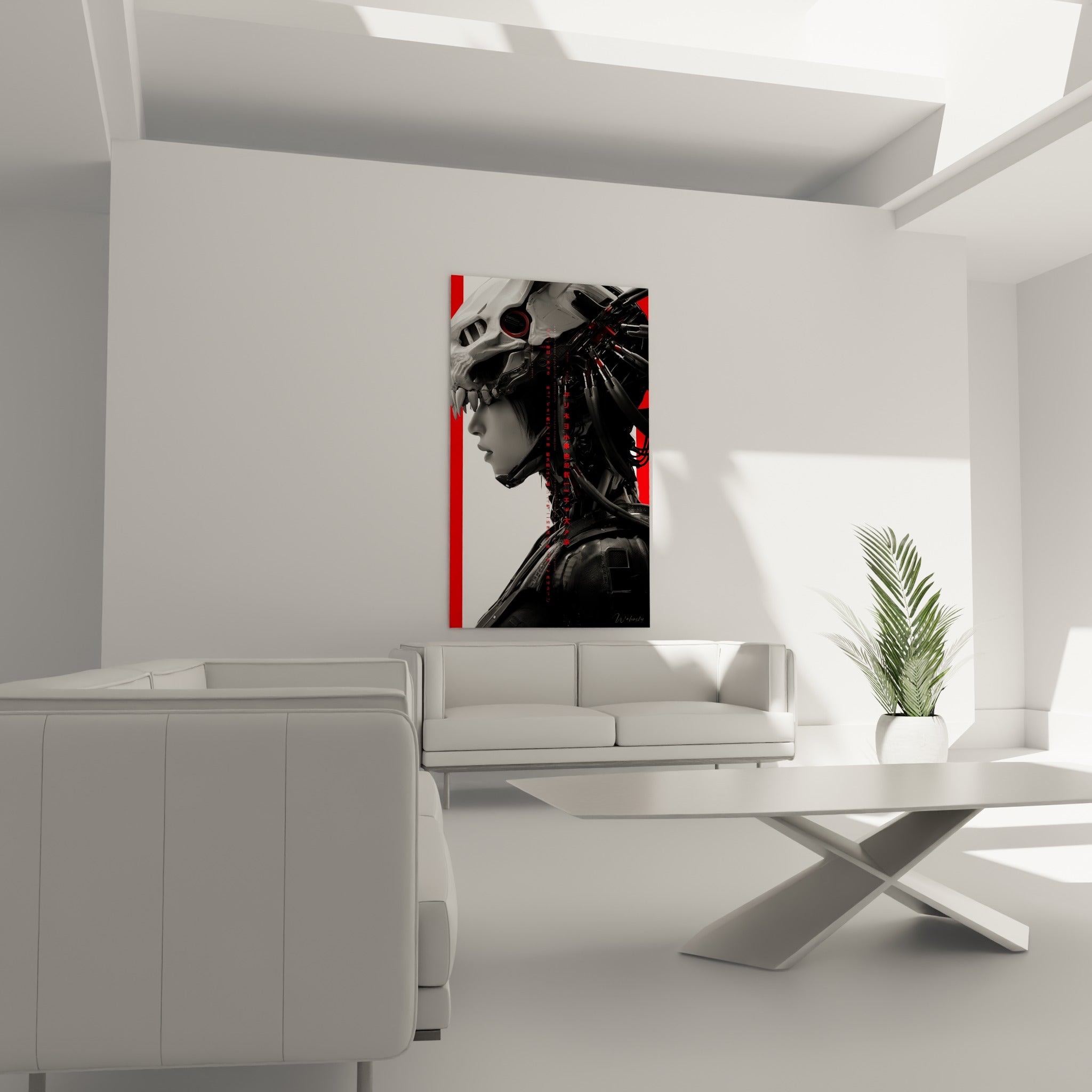 Portrait cyborg anthracite traversé de bandes rouges au-dessus d'un canapé dans un salon lumineux