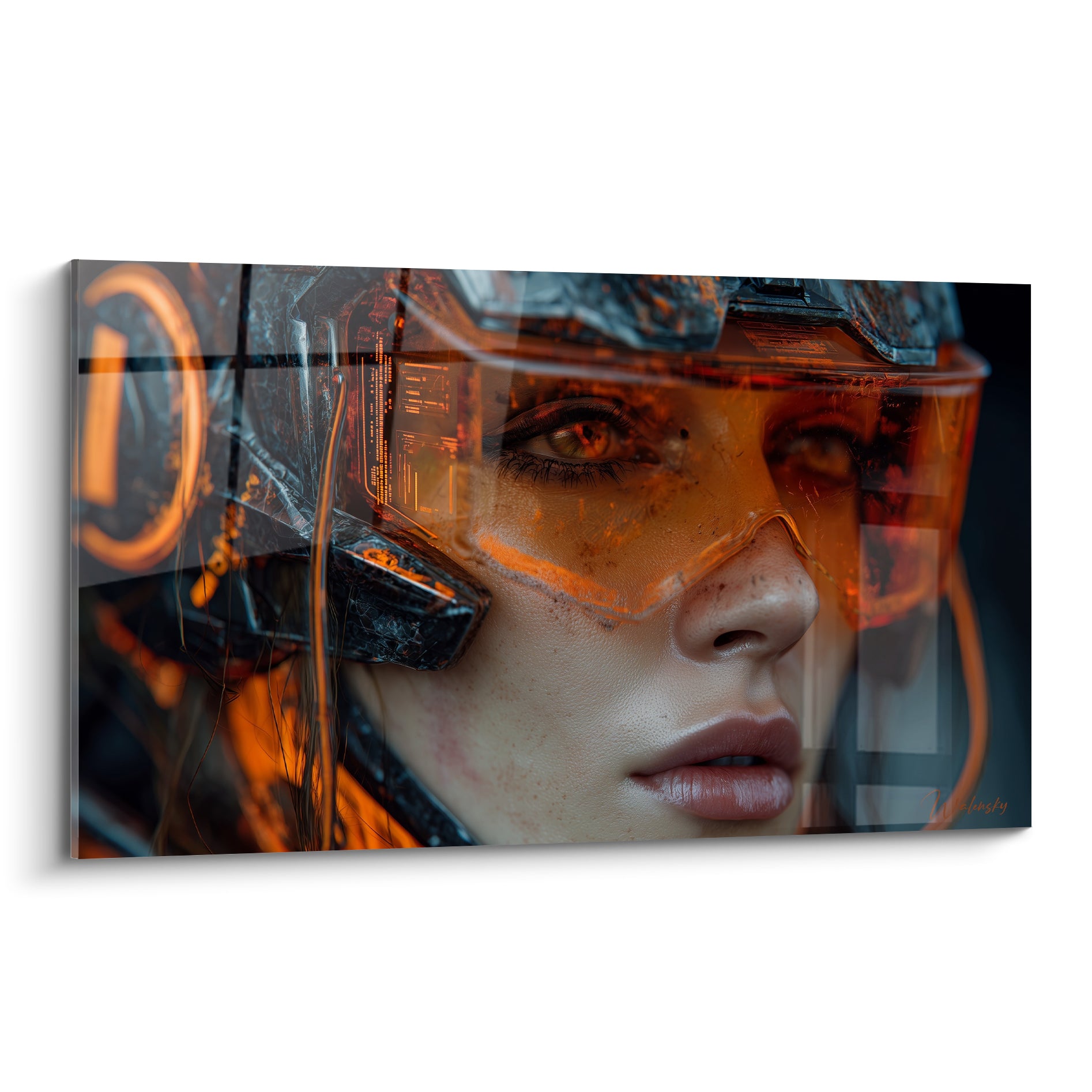 Visage casqué Cyberpunk aux reflets orange cuivré et gris anthracite, regard ambré perçant