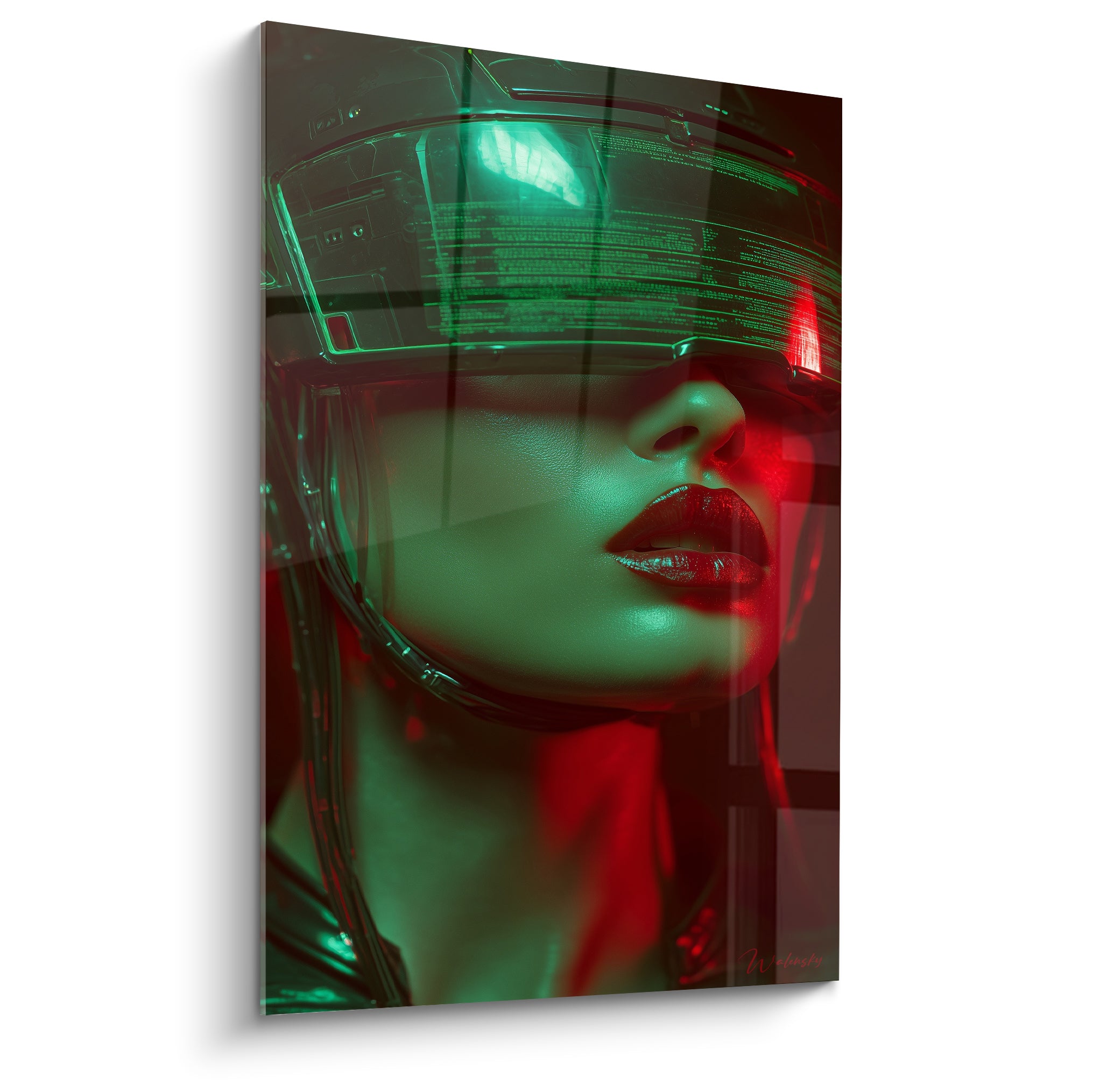 Visage féminin sous casque futuriste vert émeraude et rouge, lèvres rouges éclatantes, style Cyberpunk