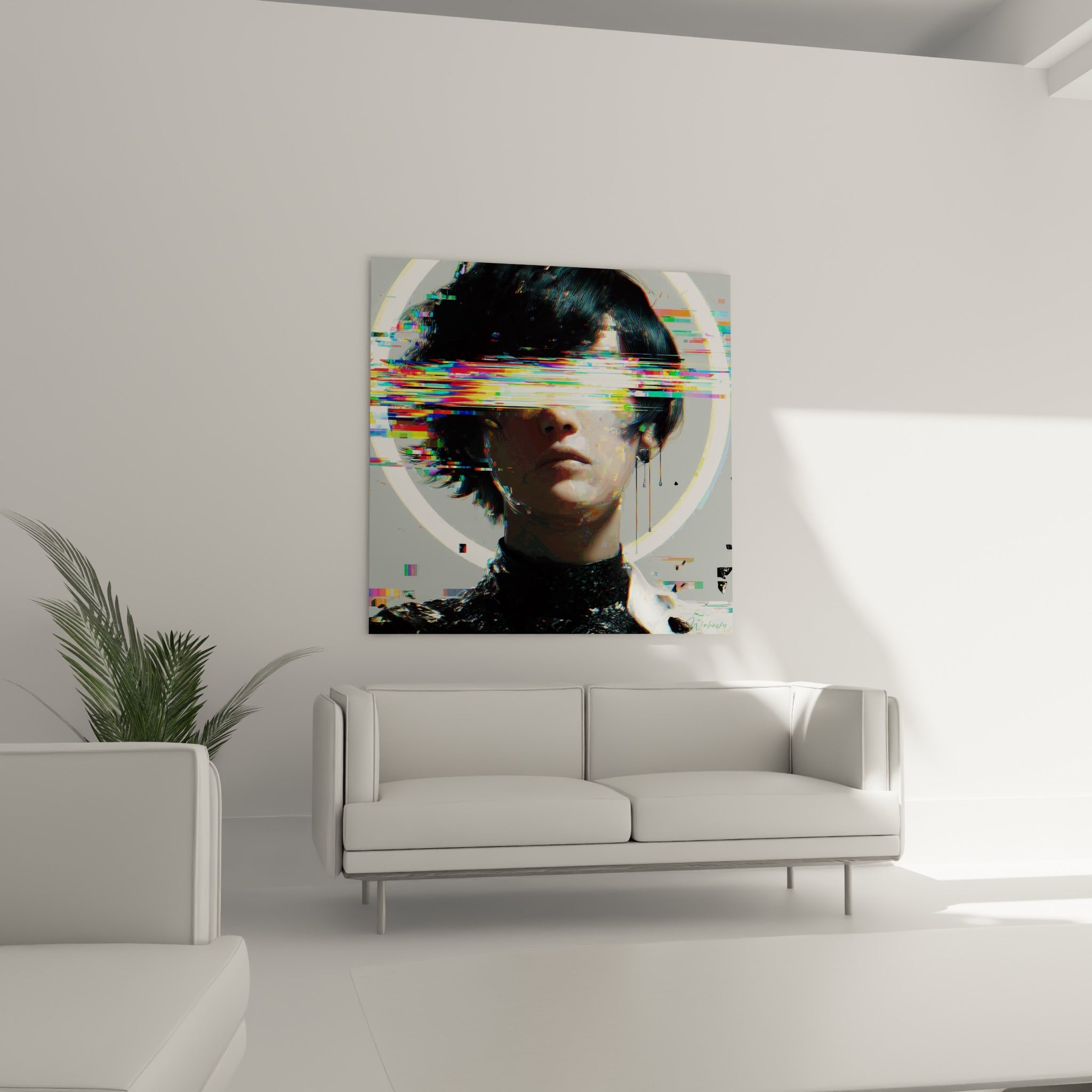 Silhouette au col noir texturé et cercle lumineux blanc au-dessus d'un canapé dans un salon lumineux