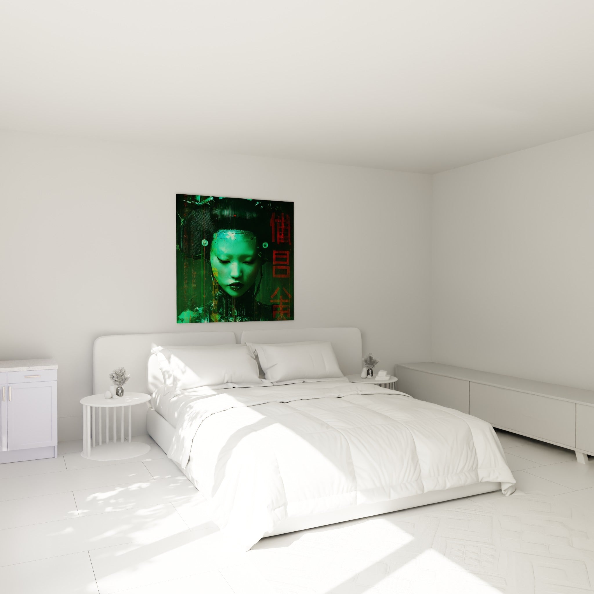 Visage cybernétique vert et rouge sombre, accroché au-dessus d'un lit dans une chambre claire