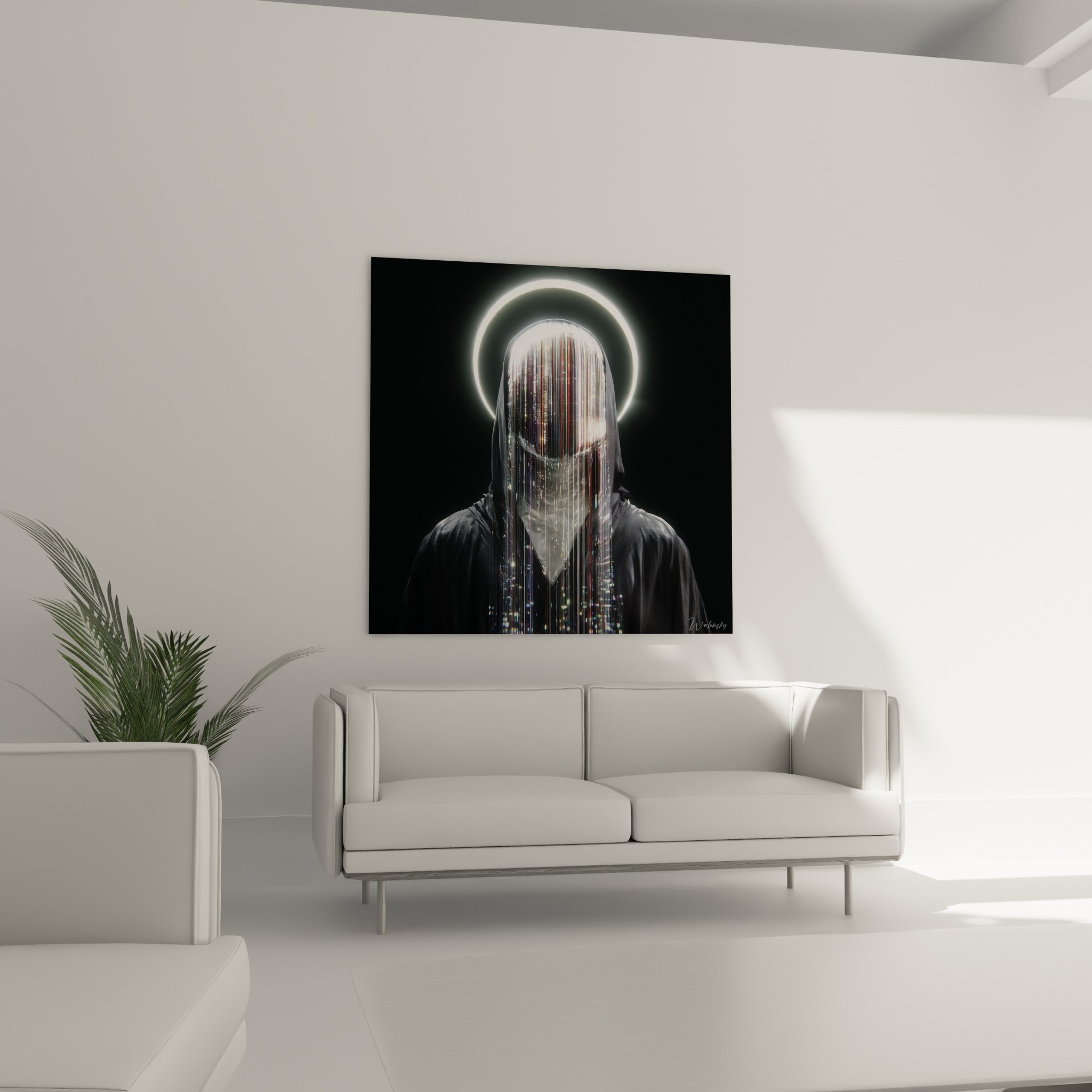 Entité Cyberpunk voilée de lumière blanche et noire, suspendue au-dessus d'un canapé dans un salon lumineux