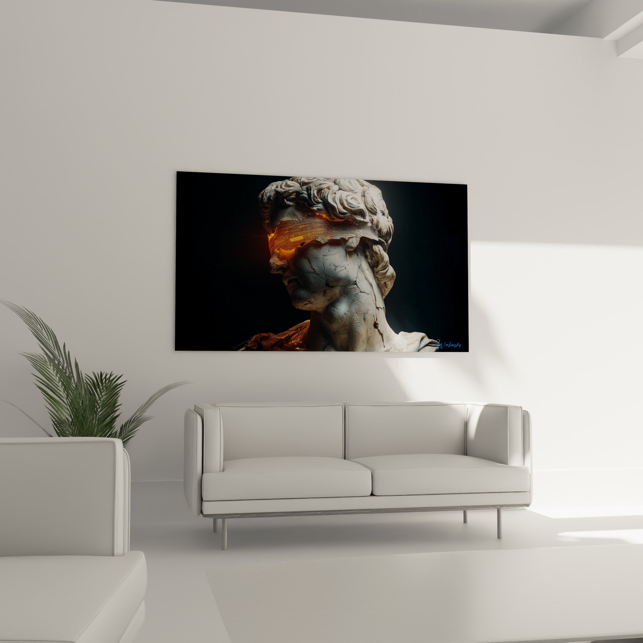 Visage de marbre craquelé et lumière dorée saisissante, au-dessus d'un canapé dans un salon lumineux
