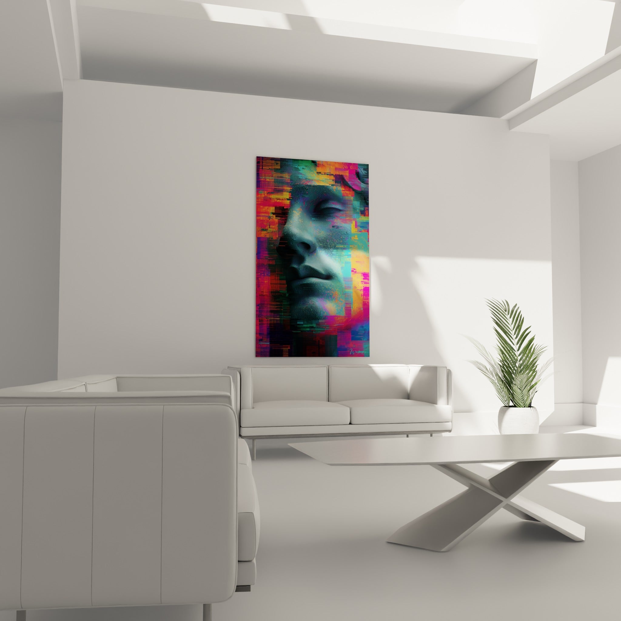 Sculpture fragmentée aux teintes magenta et dorées, tableau Cyberpunk au-dessus d'un canapé dans un salon lumineux