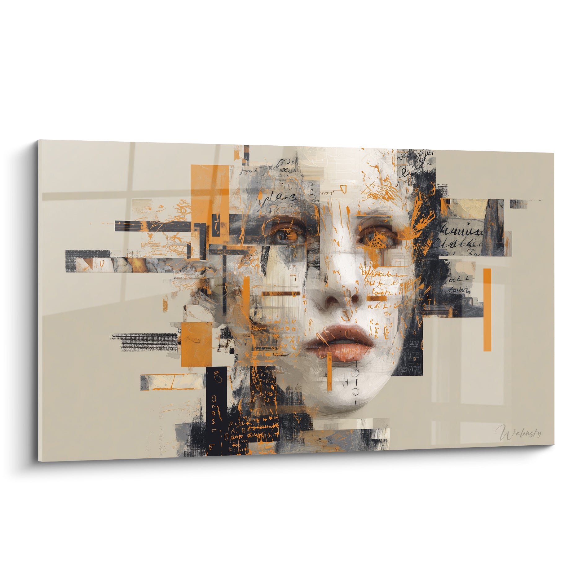 Visage fragmenté Cyberpunk aux tons beige et orange brûlé, regard intense et lèvres roses