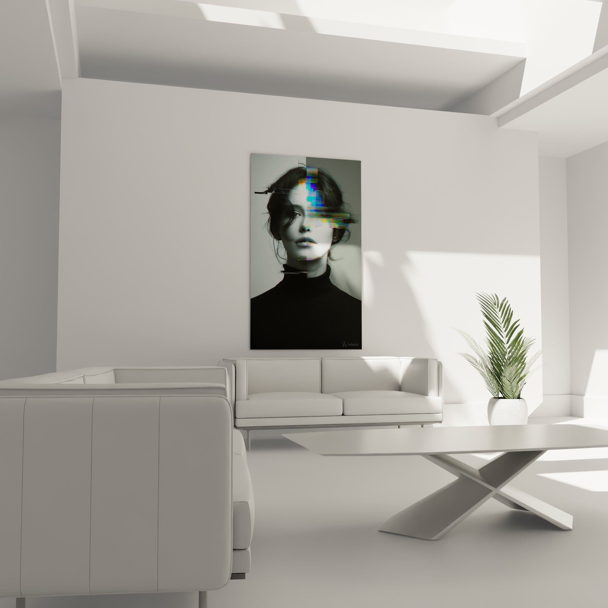 Visage fragmenté aux tons anthracite et bleu vif au-dessus d'un canapé dans un salon lumineux