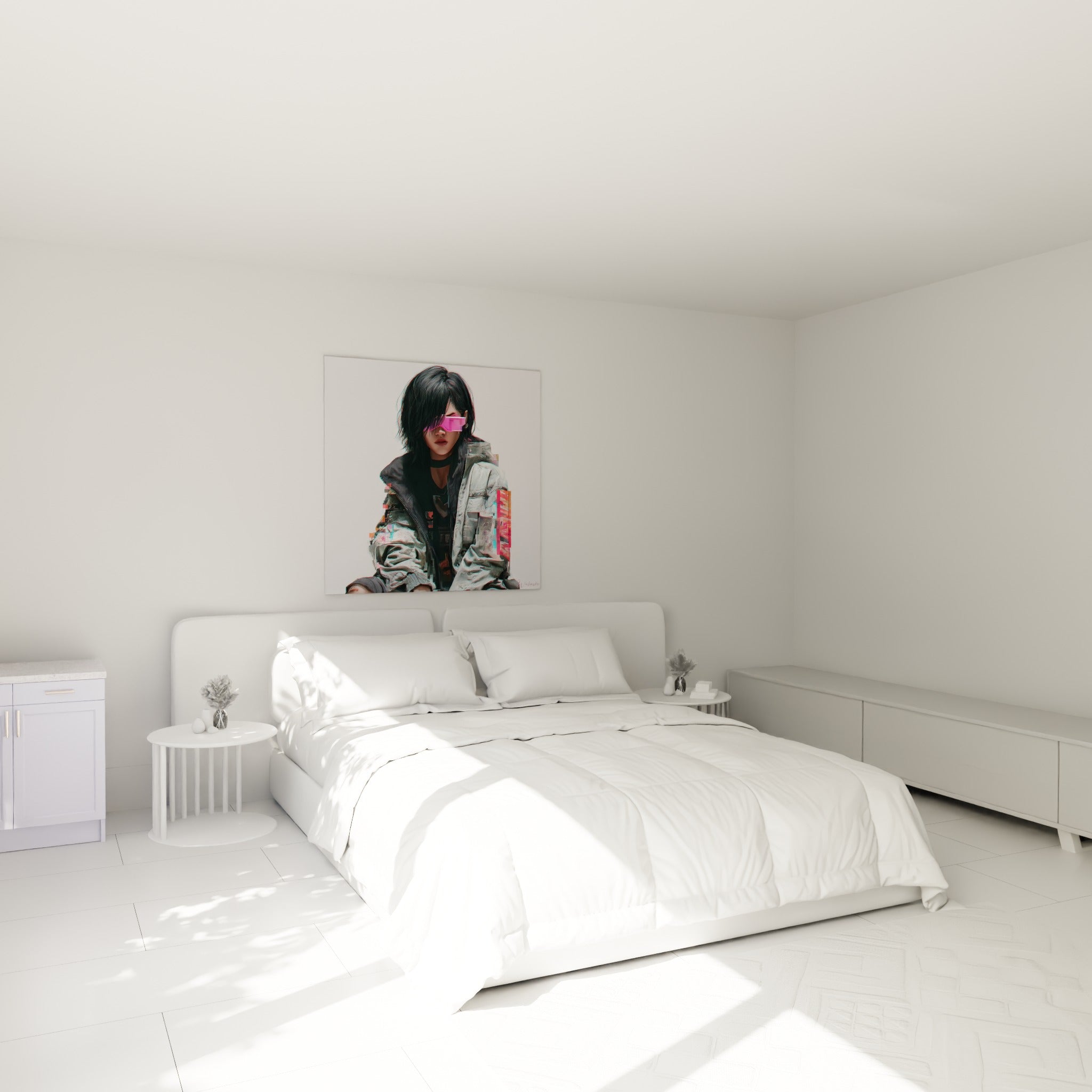 Portrait glitché rose et anthracite, visage numérique au-dessus d'un lit dans une chambre claire