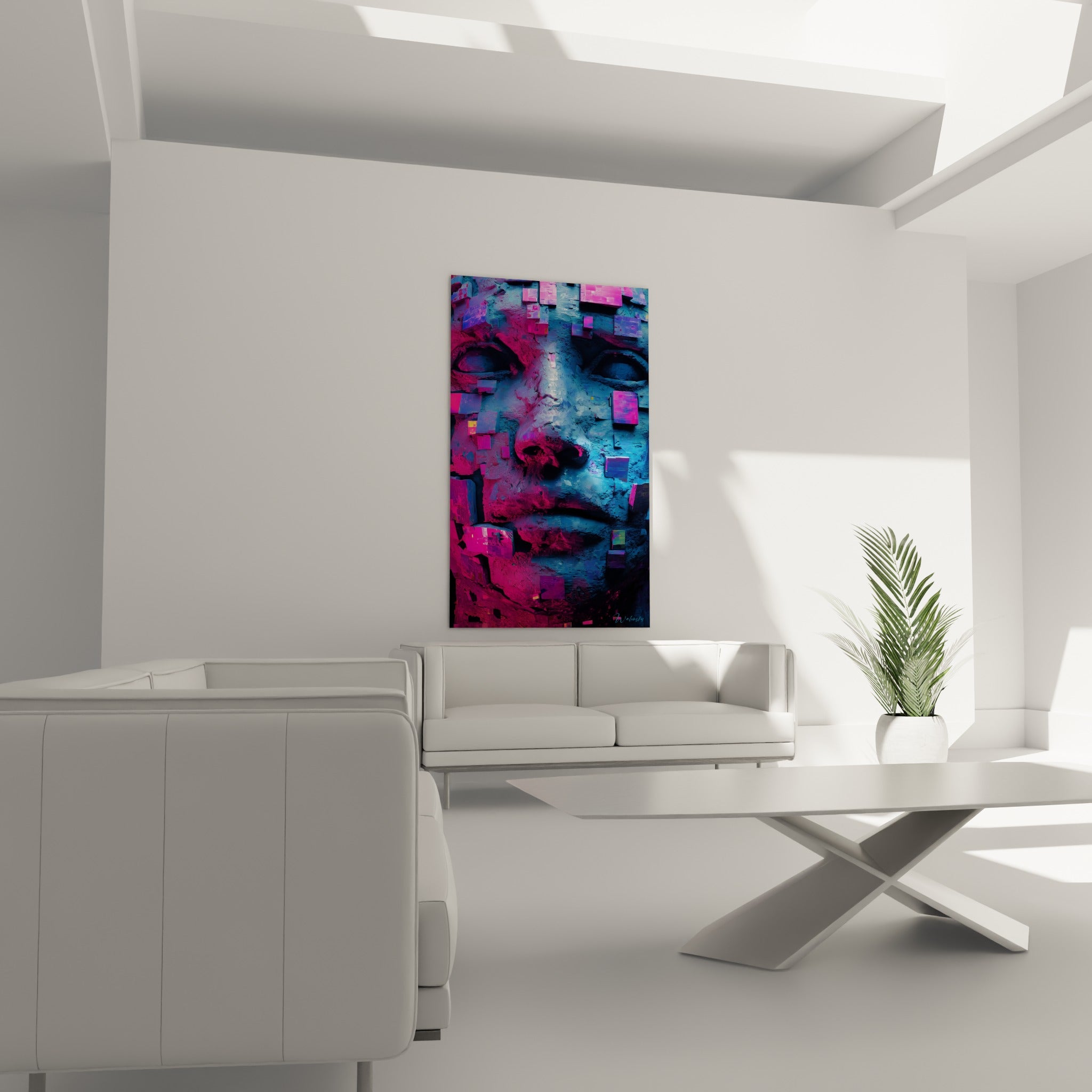 Sculpture pixellisée en dégradé magenta et bleu profond, au-dessus d'un canapé dans un salon lumineux