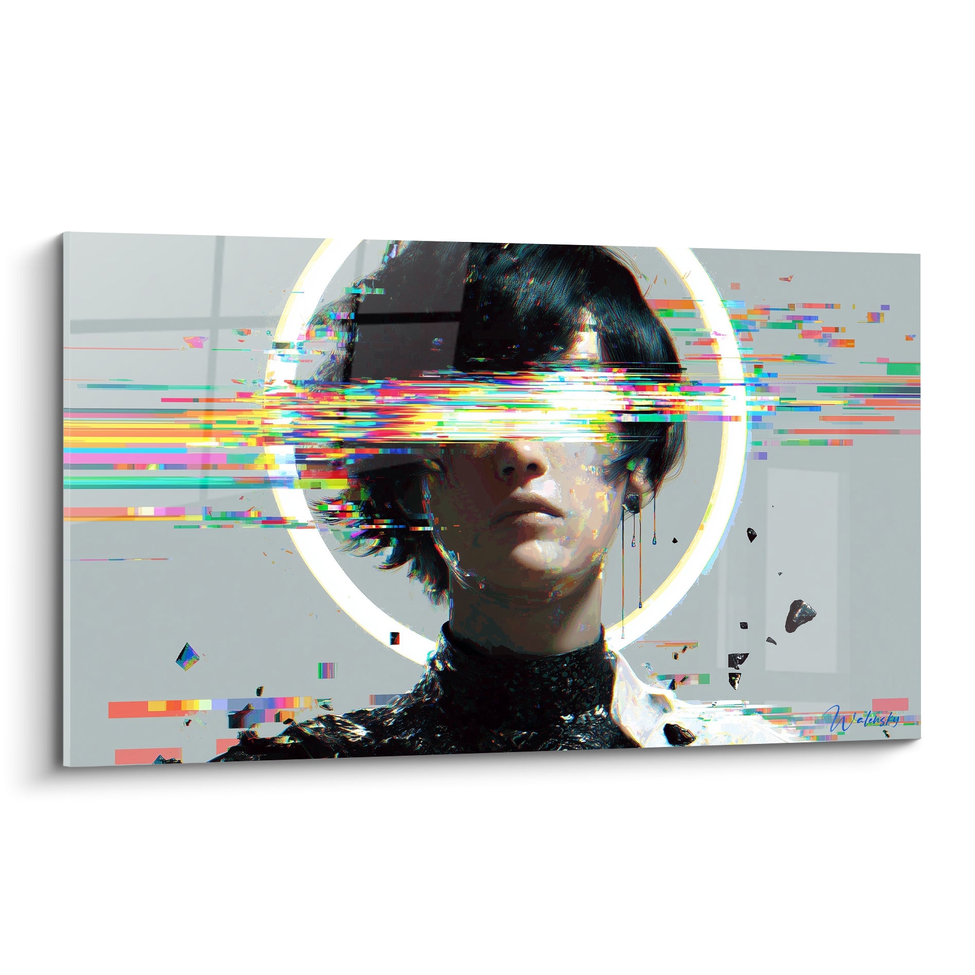 Visage anthracite traversé de pixels rouge et vert sous un halo blanc, style Cyberpunk numérique