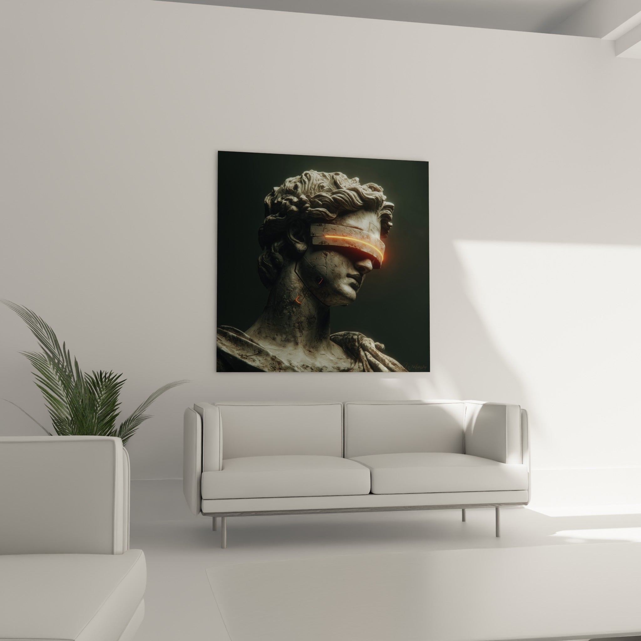 Visage antique Cyberpunk voilé d'un halo orange vif, disposé au-dessus d'un canapé dans un salon lumineux