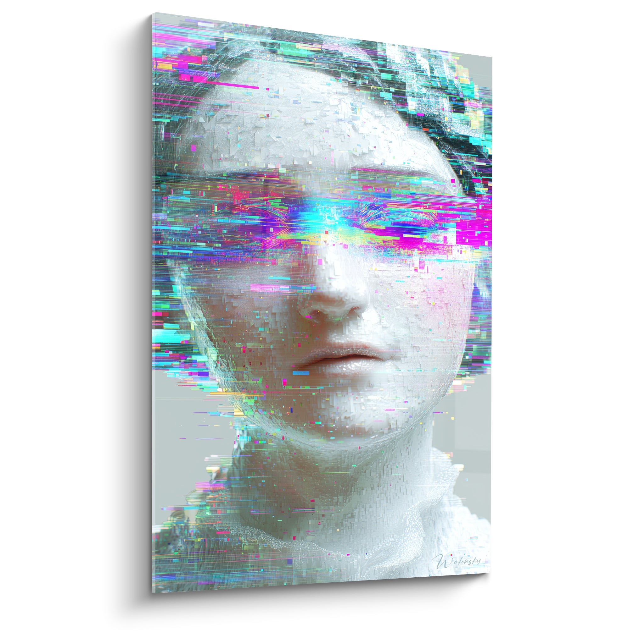 Visage sculptural blanc fissuré de magenta et turquoise, tableau Cyberpunk aux effets numériques glitch