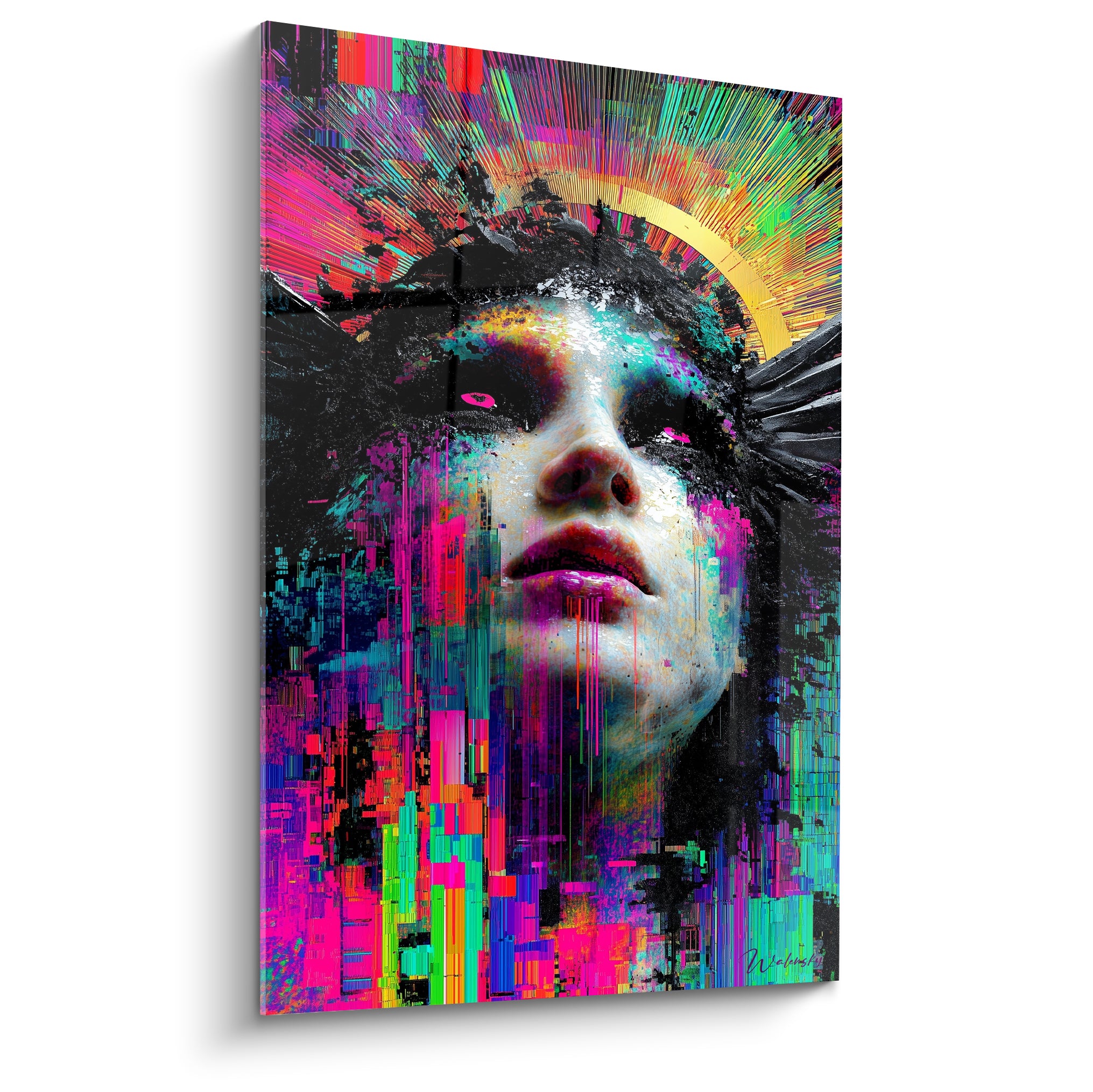 Visage Cyberpunk aux teintes magenta et turquoise, traits éclatés en filaments numériques colorés