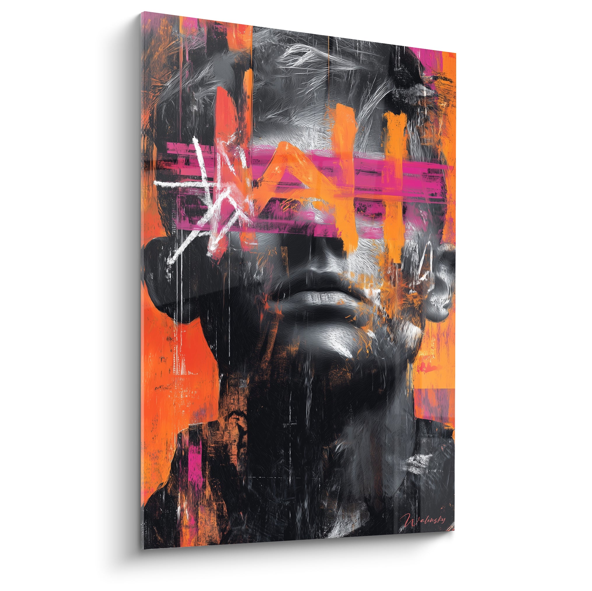 Visage masqué en noir et blanc traversé de bandes orange et fuchsia, style Cyberpunk graphique intense