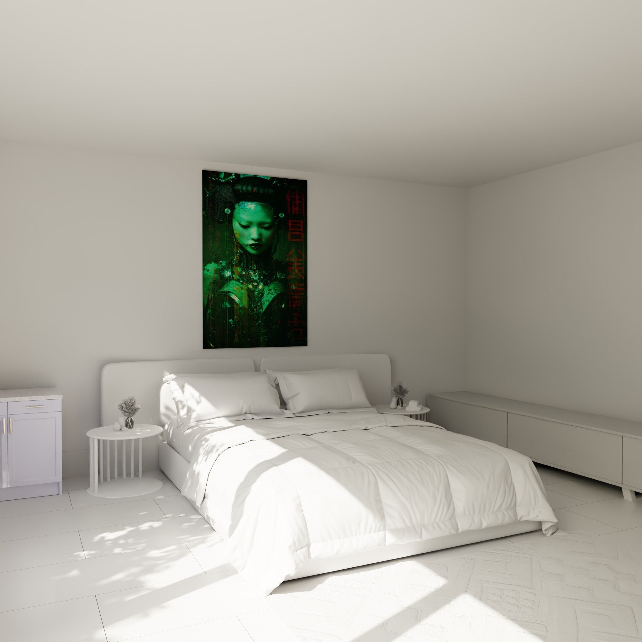 Visage androïde vert émeraude et symboles rouges, accroché au-dessus d'un lit dans une chambre claire