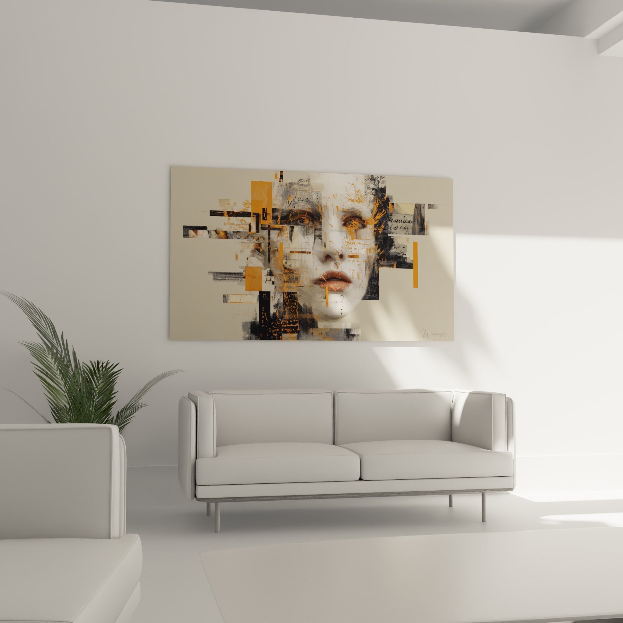 Œuvre Cyberpunk aux blocs noirs et dorés au-dessus d'un canapé dans un salon lumineux