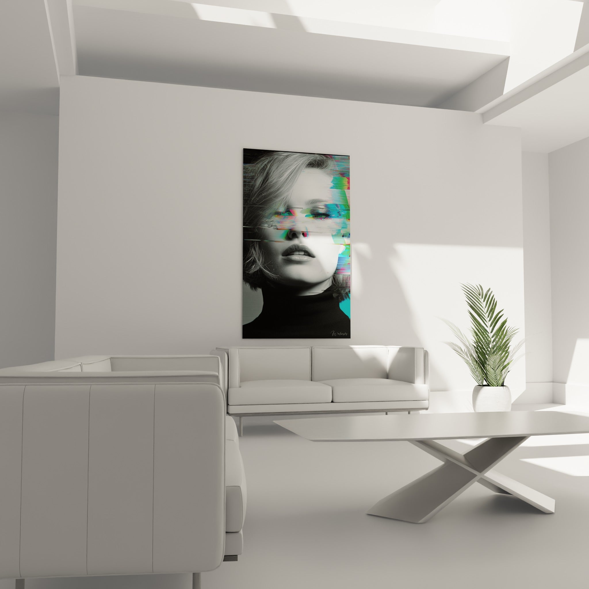 Visage numérique Cyberpunk en noir et blanc coloré de magenta, au-dessus d'un canapé dans un salon lumineux