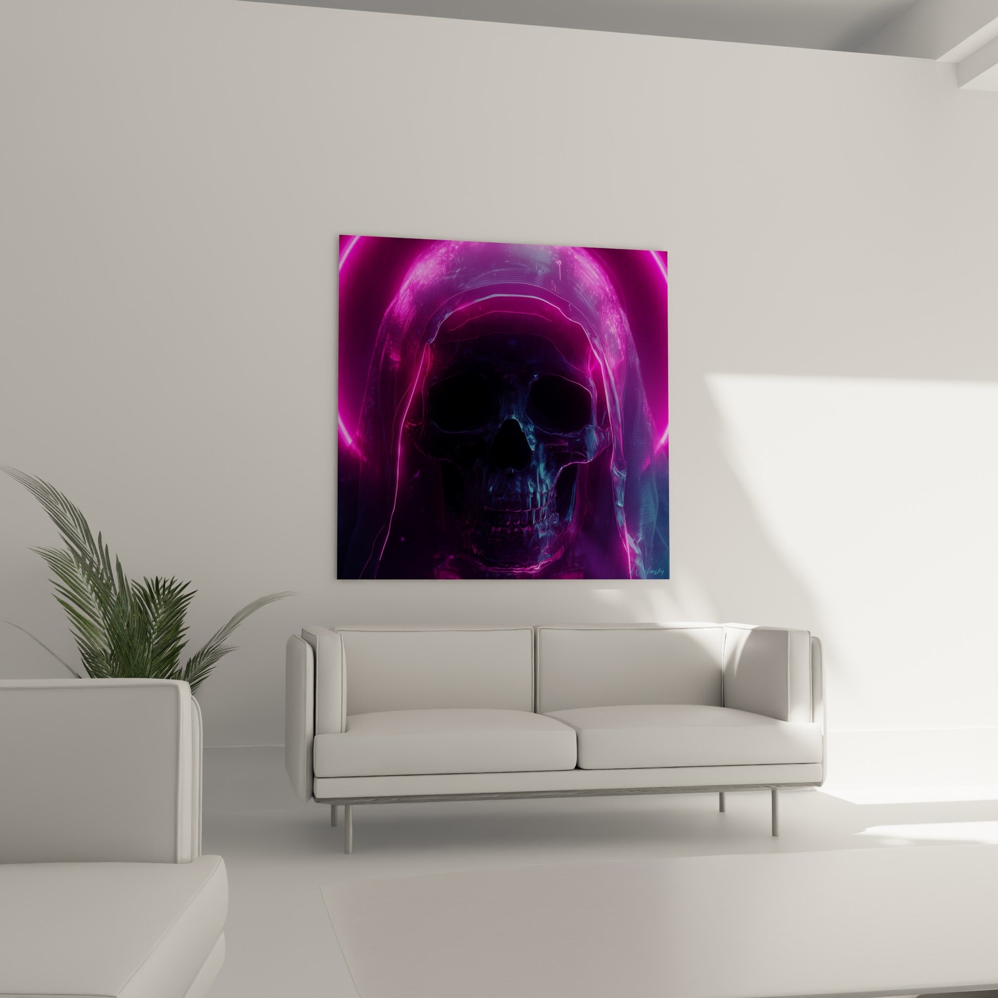 Visage osseux drapé de lumière violette, tableau Cyberpunk suspendu au-dessus d'un canapé dans un salon lumineux
