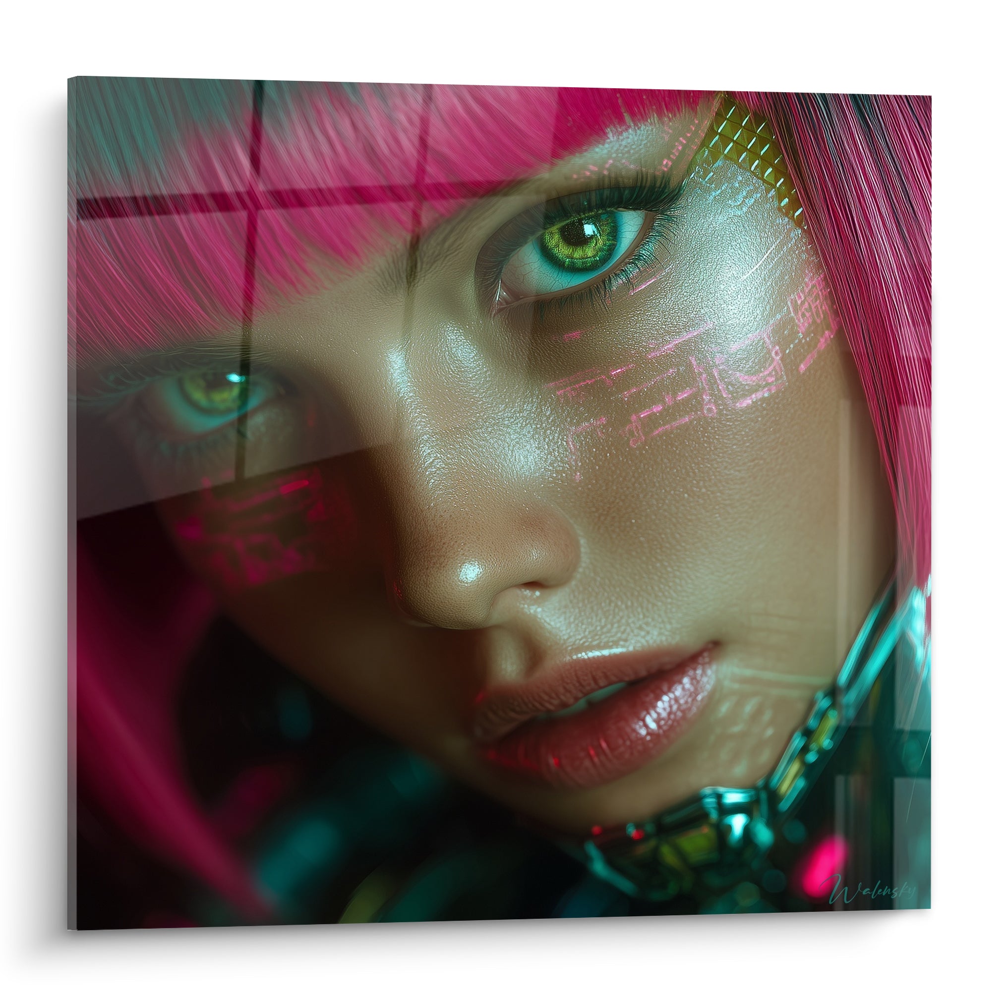 Visage cyberpunk aux mèches roses et yeux vert émeraude, circuits lumineux gravés sur la peau
