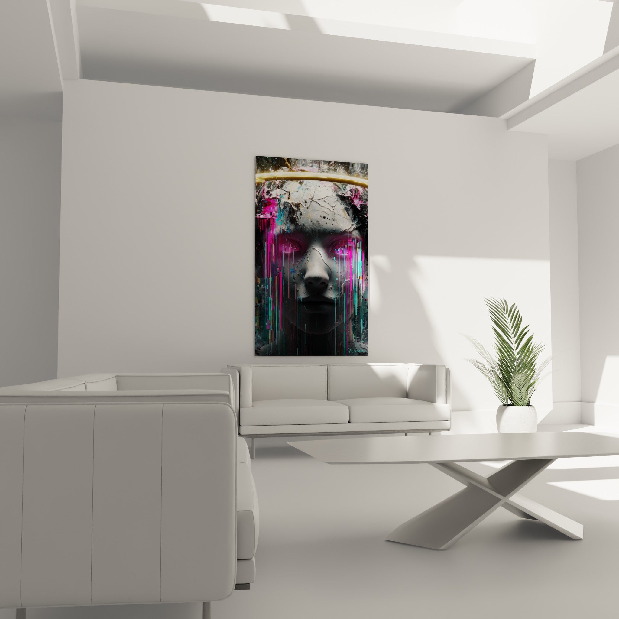 Silhouette Cyberpunk texturée striée de rose et turquoise au-dessus d'un canapé dans un salon lumineux