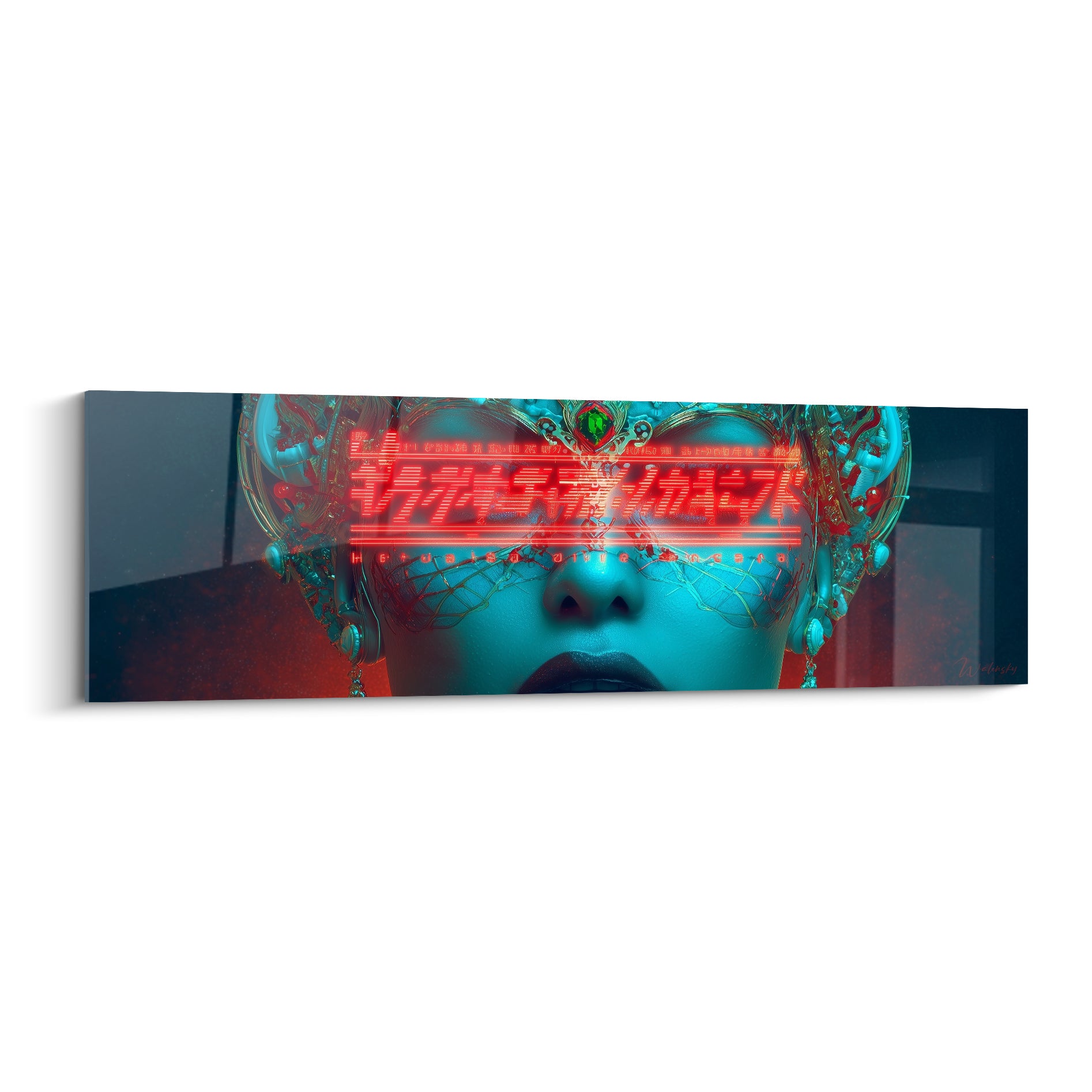 Visage cyberpunk turquoise à parure dorée et lignes rouges lumineuses traversant le regard