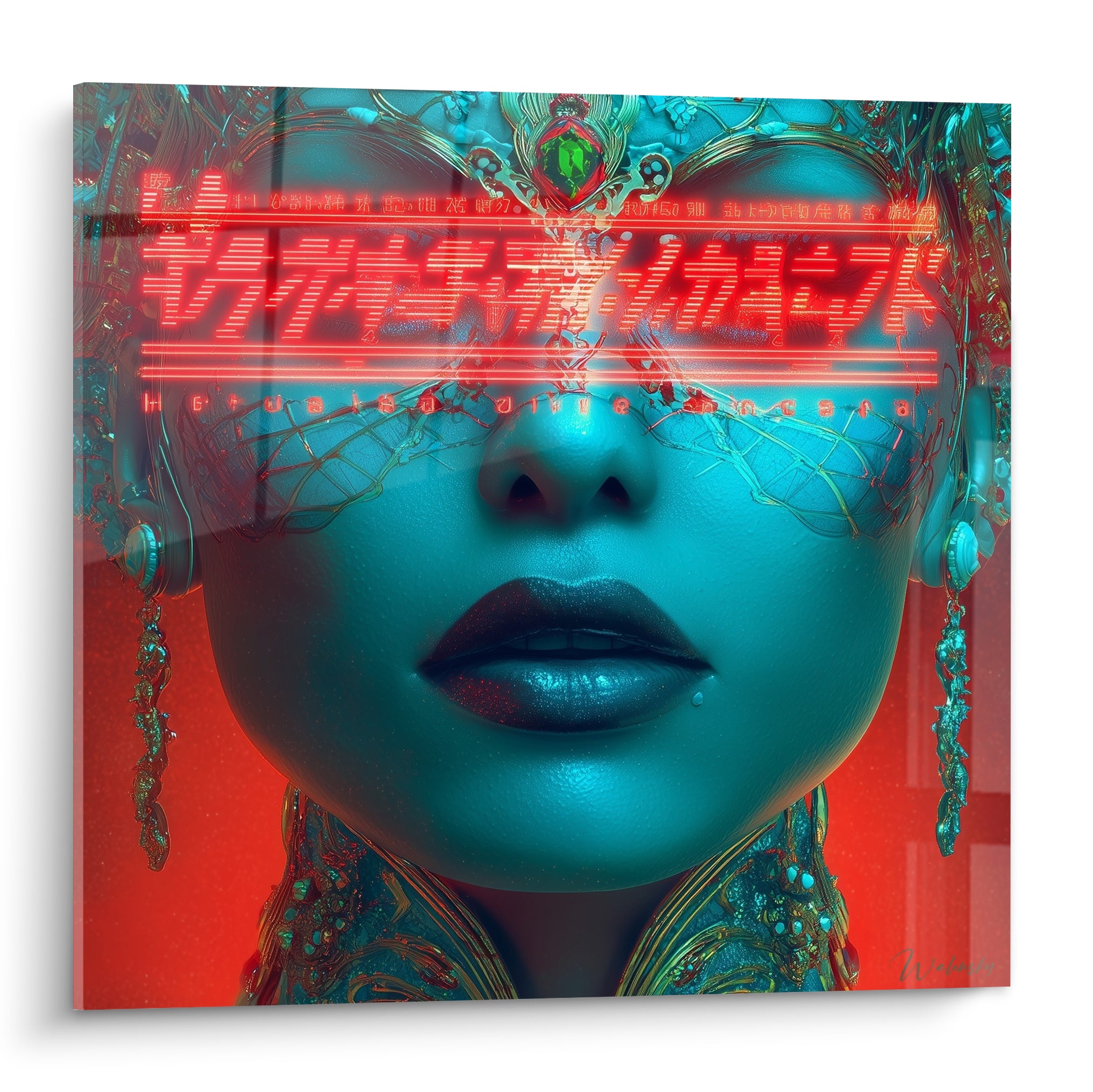 Visage Cyberpunk turquoise aux glyphes rouges lumineux et parure dorée ornementale