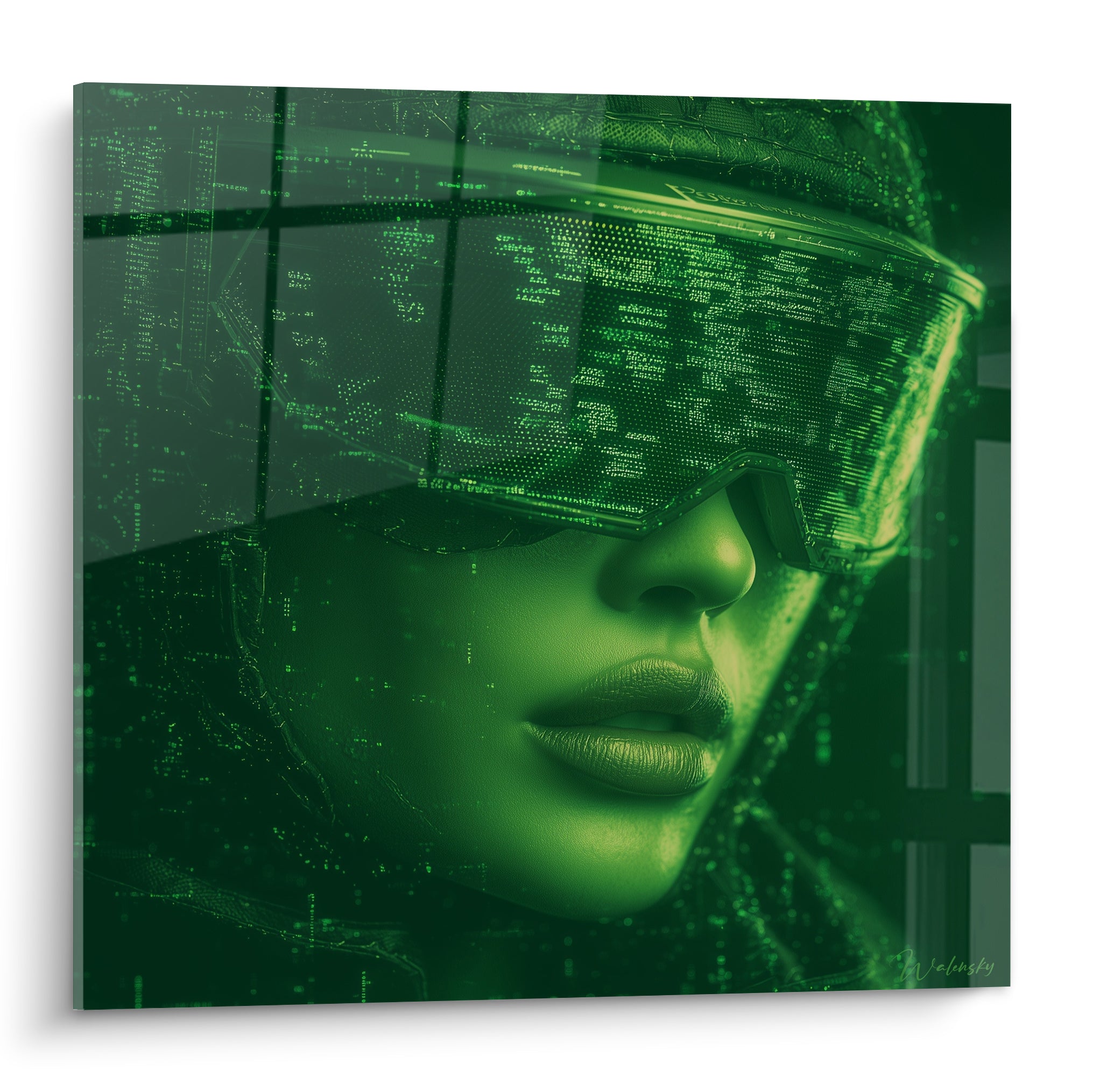 Visage numérique Cyberpunk aux lunettes vert émeraude et peau anthracite parsemée de code