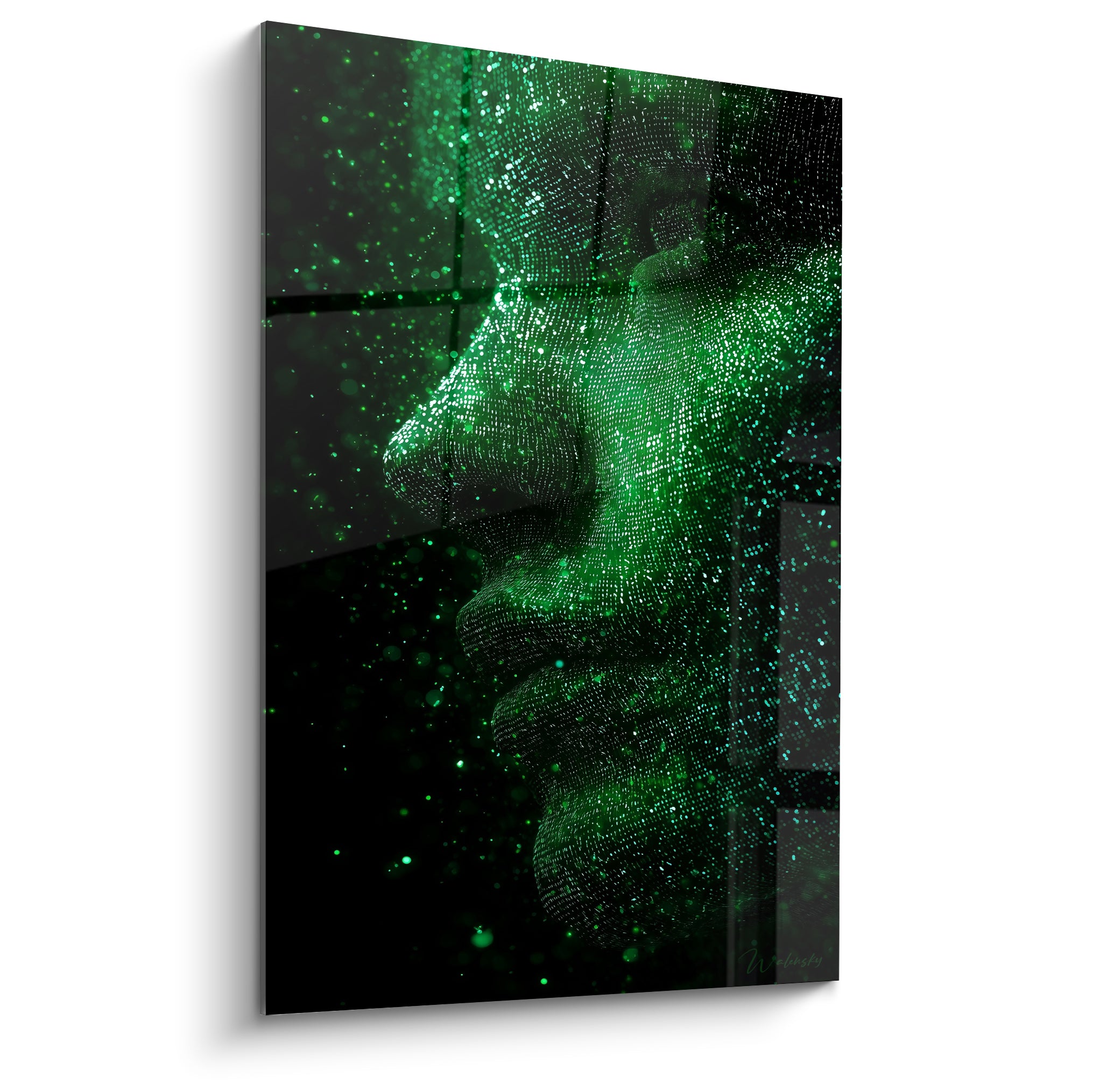 Visage Cyberpunk vert émeraude et noir profond dissous en trame de particules lumineuses