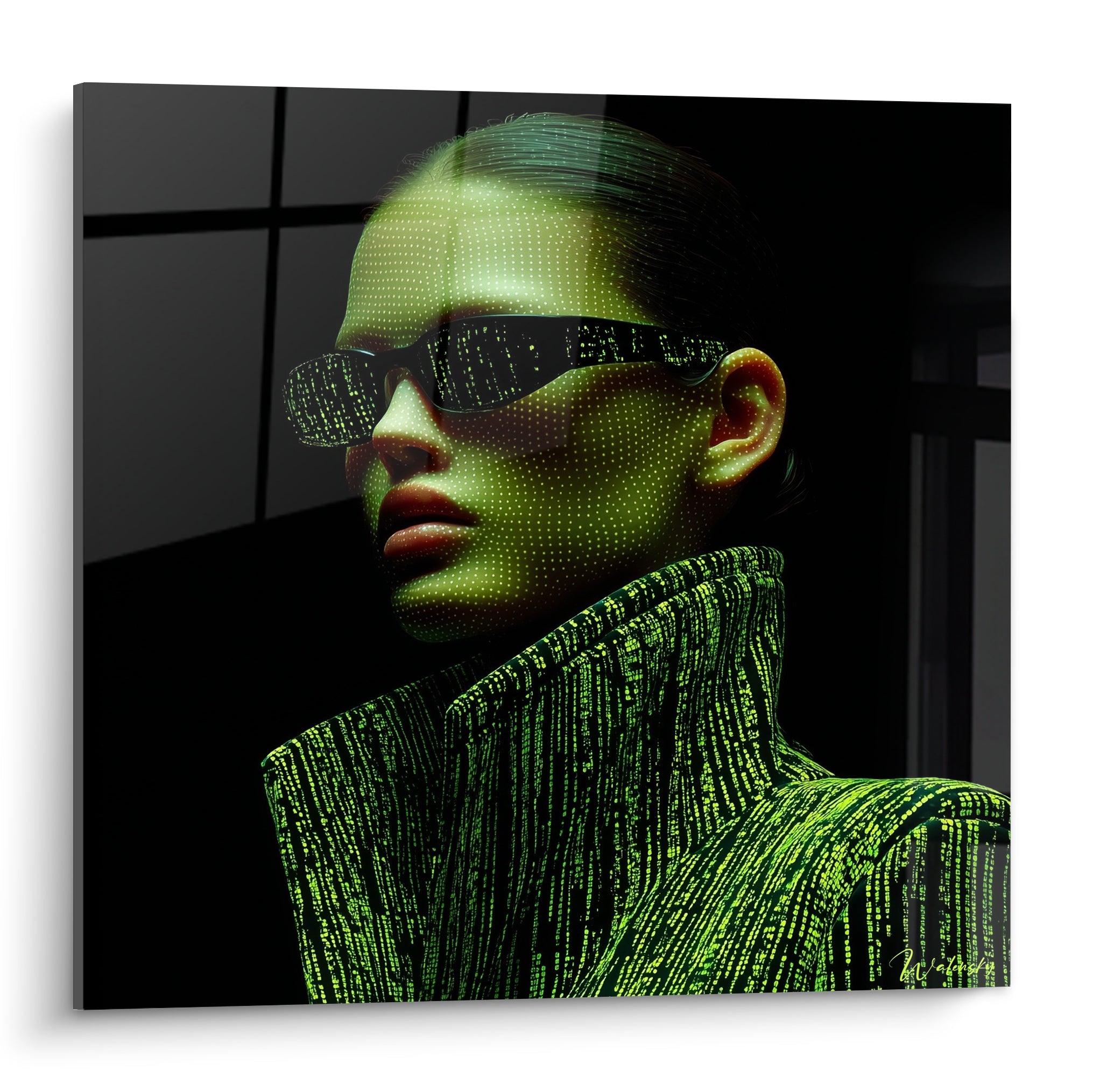 Visage vert fluo aux lunettes matricielles noires, tableau Cyberpunk sur fond noir profond intense