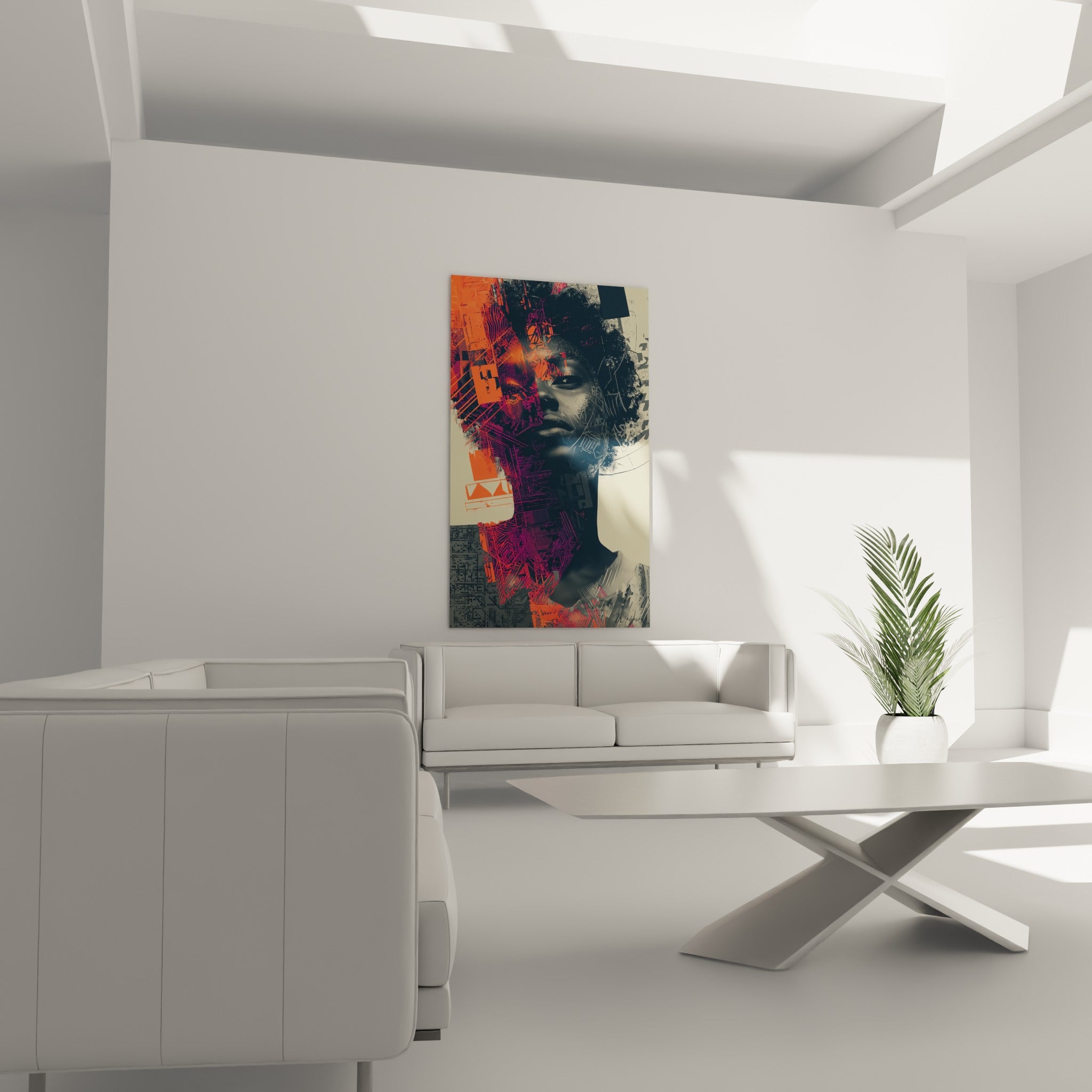 Visage numérique Cyberpunk violet et orange affiché au-dessus d'un canapé dans un salon lumineux