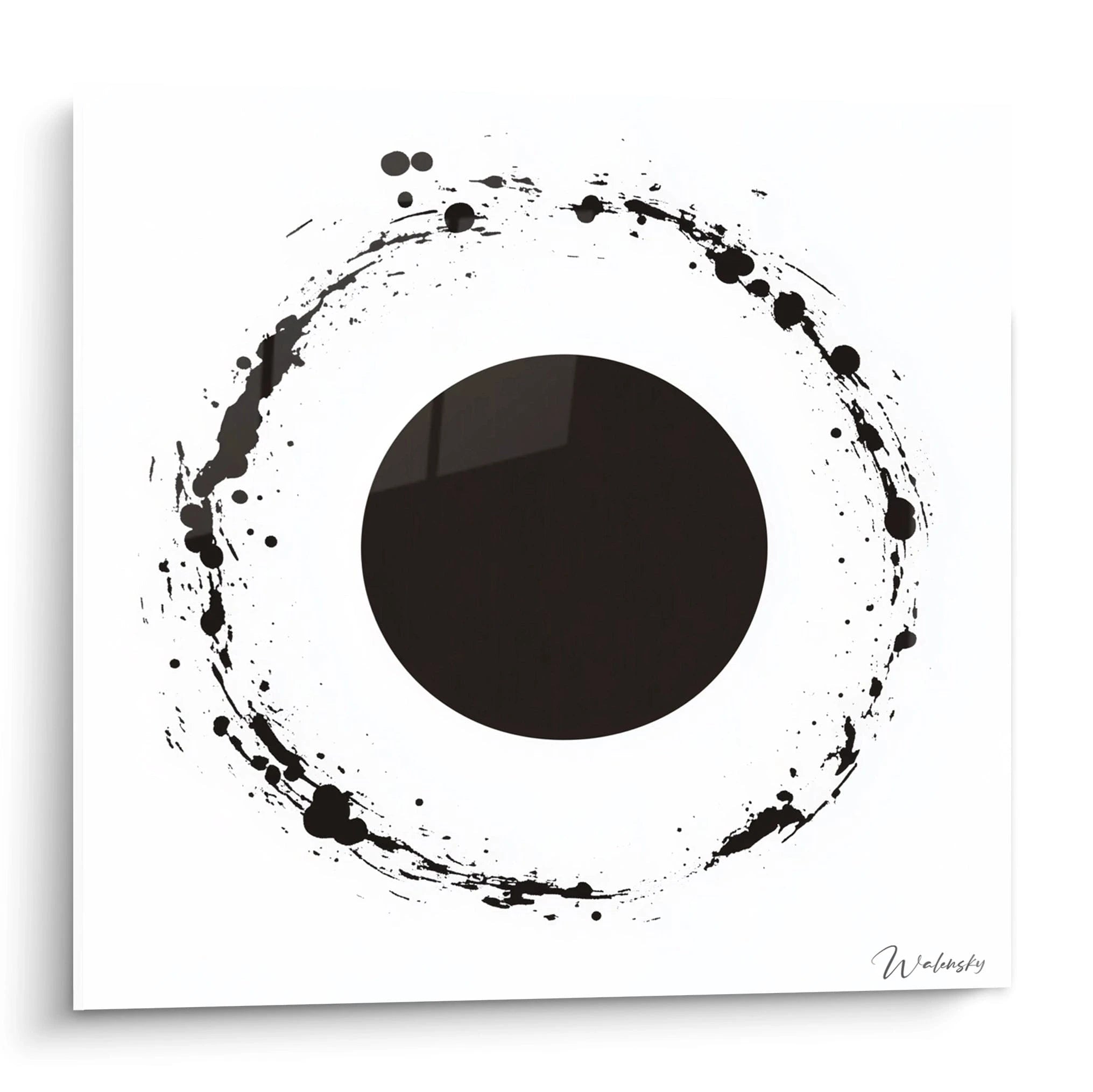 Tableau tacheté noir et blanc de Walensky avec un motif de cercle central et des éclaboussures artistiques