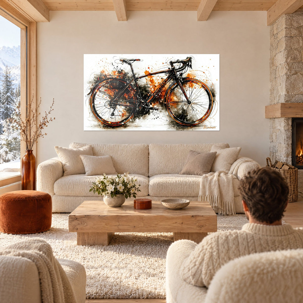Tableau vélo de route aux éclaboussures d'encre noire et orange, selle blanche, deux personnes de dos au-dessus d'un canapé dans un salon lumineux