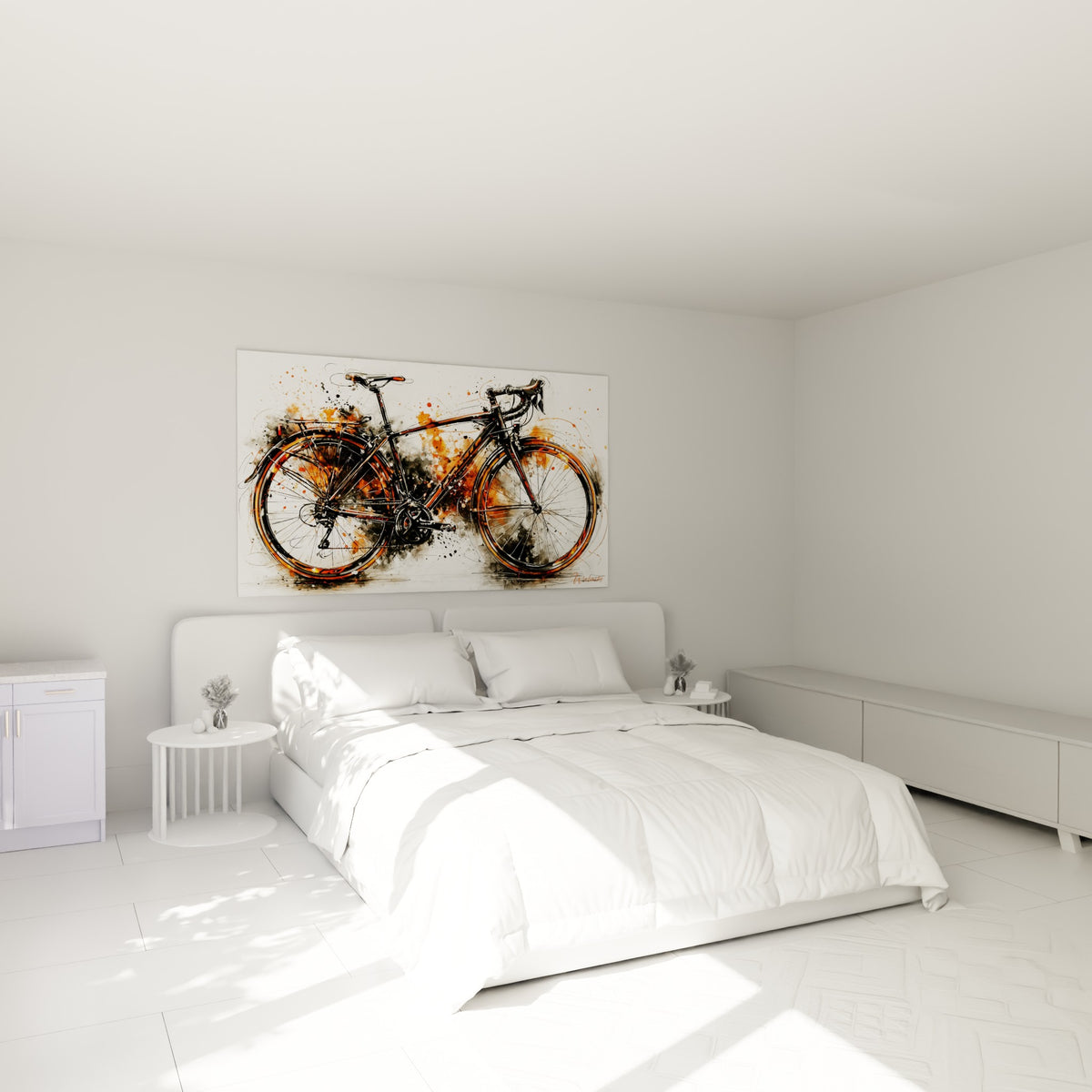 Bicyclette anthracite aux touches terracotta accrochée au-dessus d'un lit dans une chambre claire