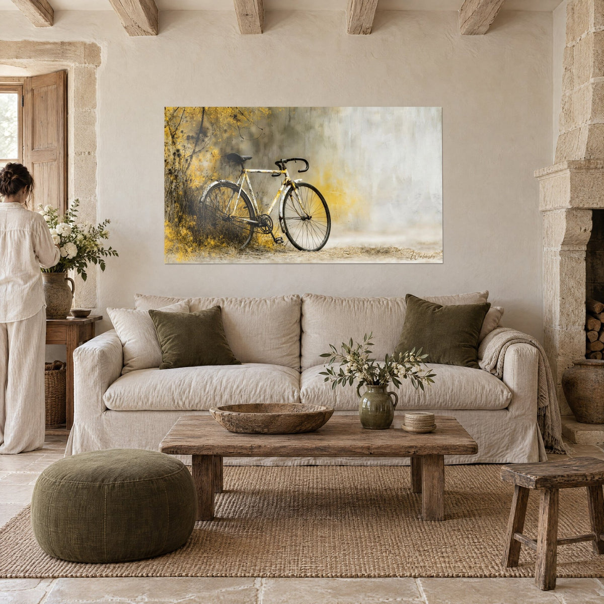 Wall art racing bike with a chipped white frame and yellow accents, misty grey background, above a sofa in a bright living room