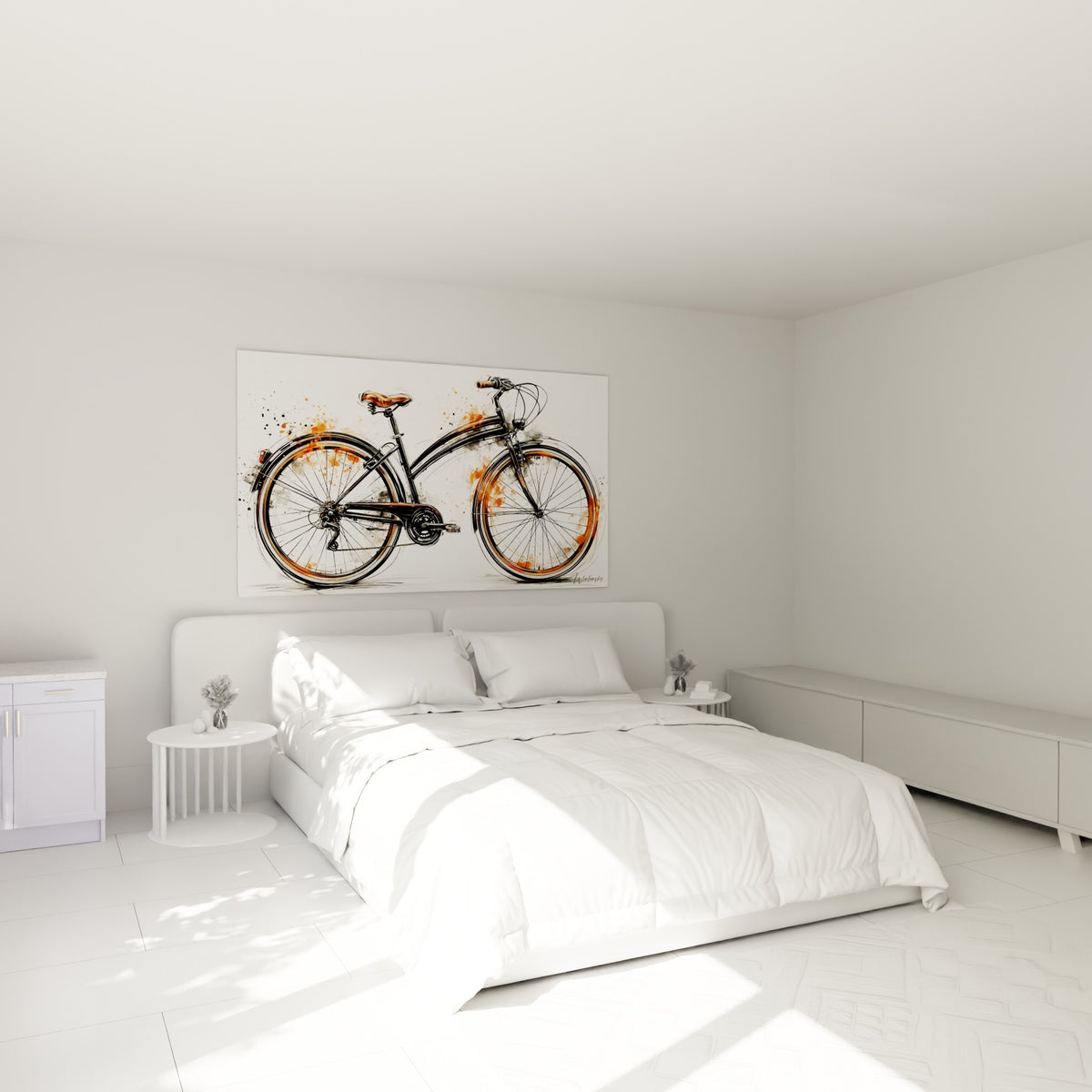 Bicyclette esquissée noire et terracotta cyclisme, accrochée au-dessus d'un lit dans une chambre claire