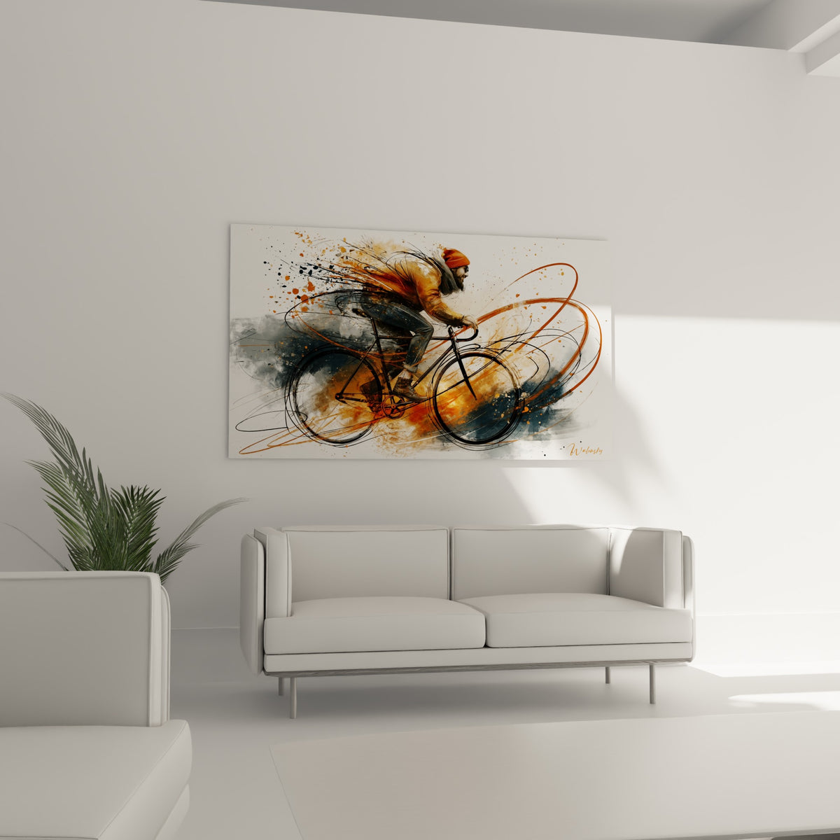 Silhouette de cycliste en mouvement, tons terracotta et gris ardoise, au-dessus d'un canapé dans un salon lumineux